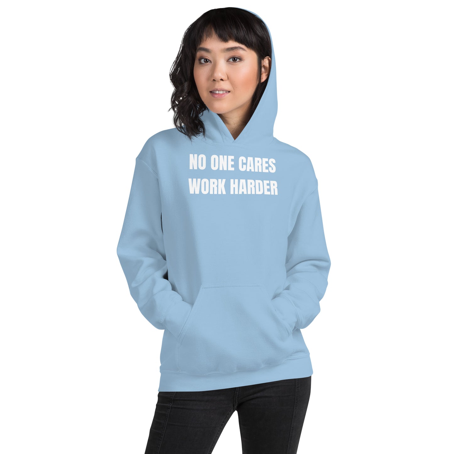 "No One Cares. Work Harder" Unisex Hoodie White Text Impact by Dumbbells and Hotels