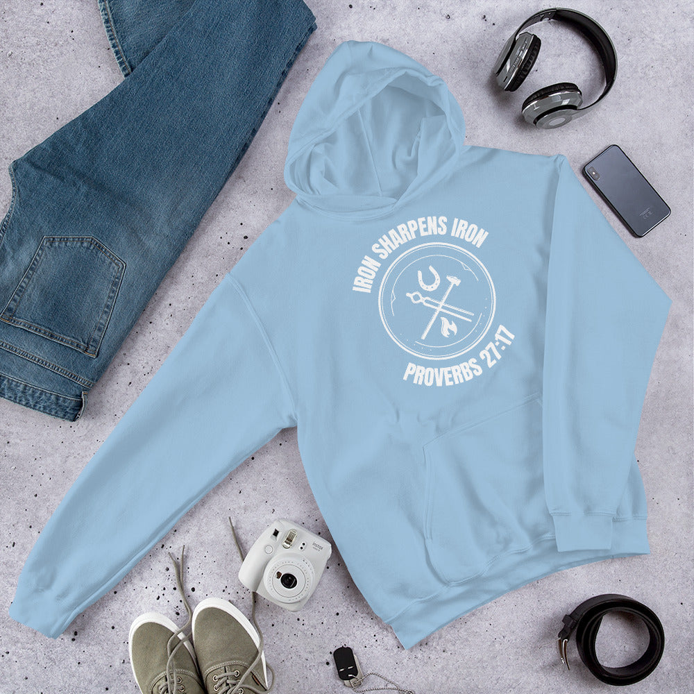 "Iron Sharpens Iron. Proverbs 27:17" Unisex Hoodie White Text Circle Logo by Dumbbells and Hotels