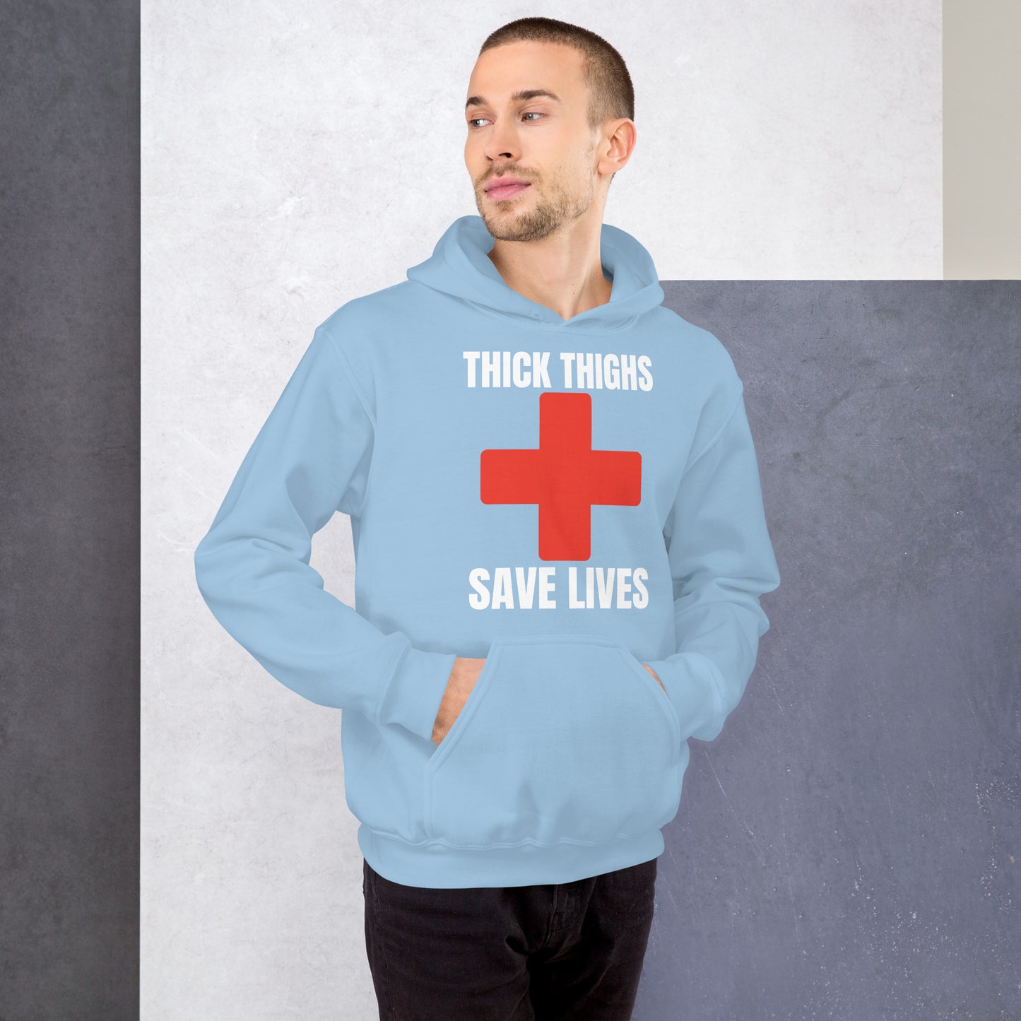 "Thick Thighs Save Lives" Unisex Hoodie White Text Red Cross by Dumbbells and Hotels