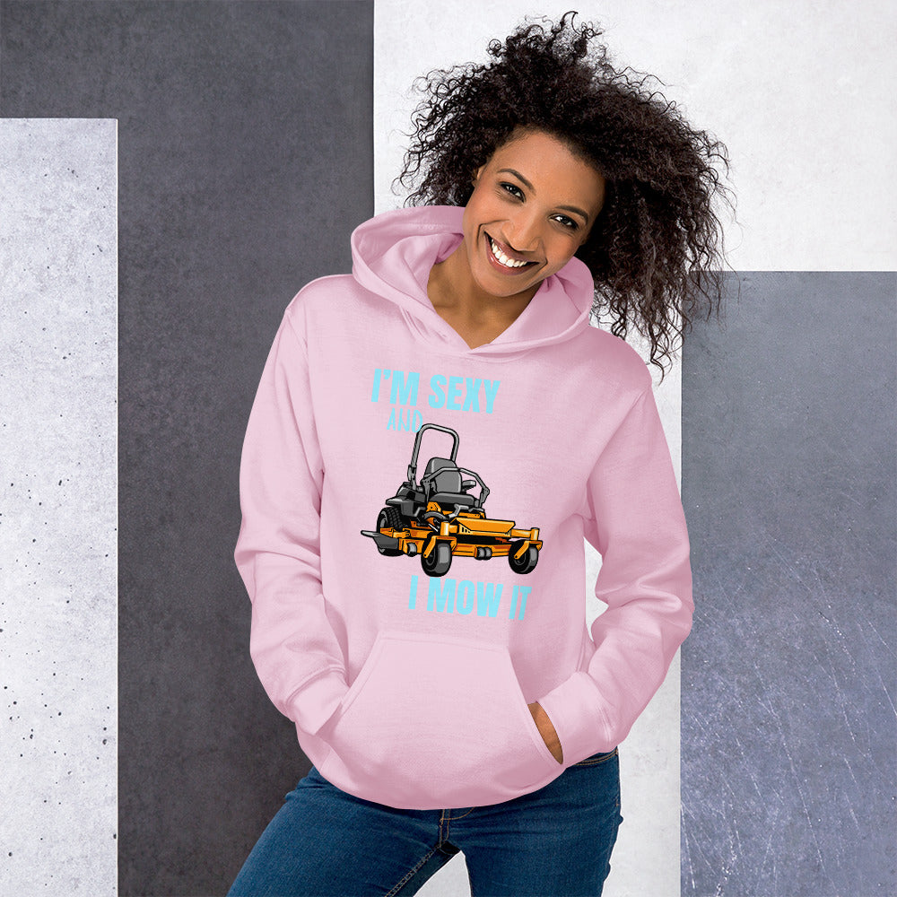 "I'm Sexy and I Mow it" Unisex Hoodie Turquoise Text Cartoon Mower by Dumbbells and Hotels