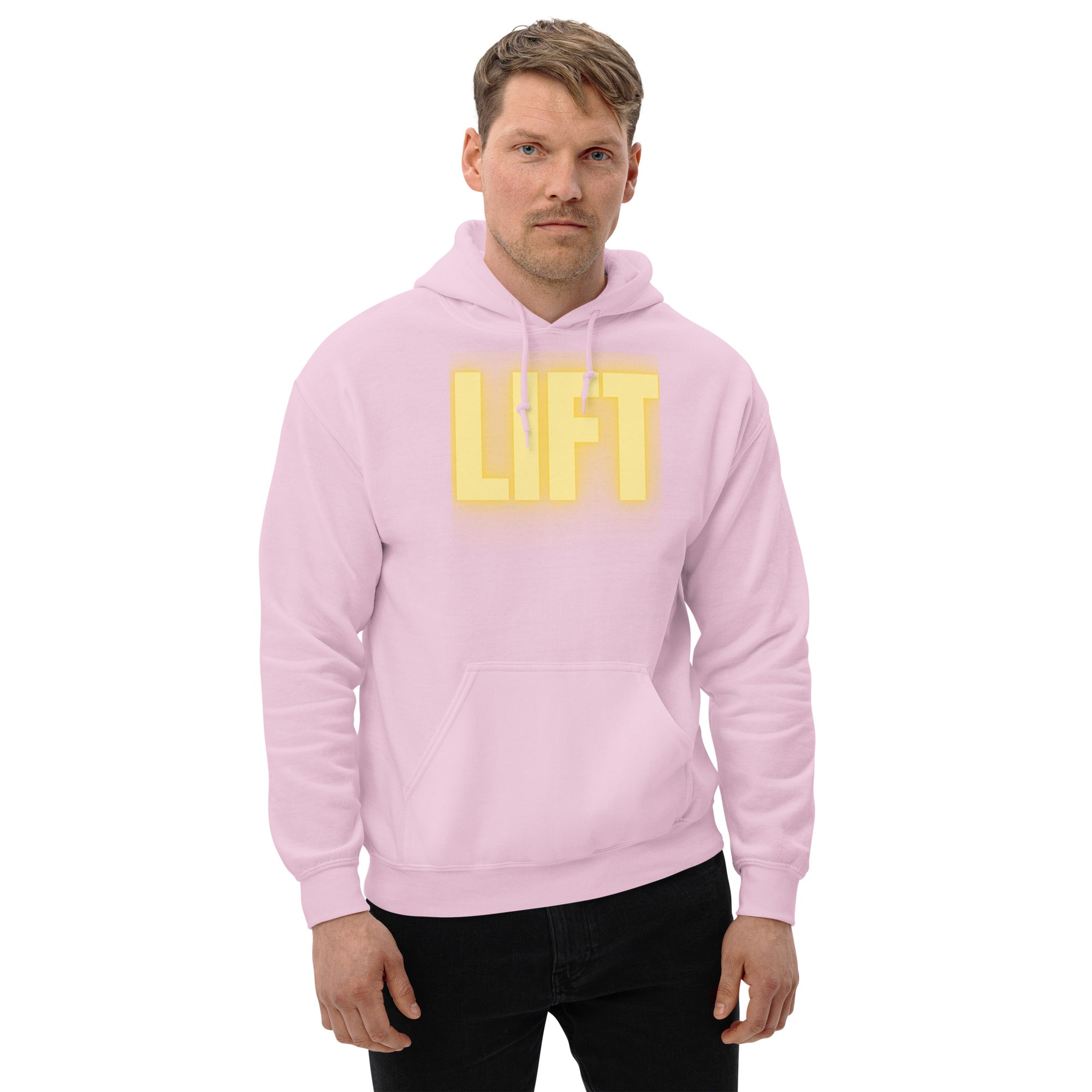 "Lift" Unisex Hoodie Yellow Text Glow by Dumbbells and Hotels