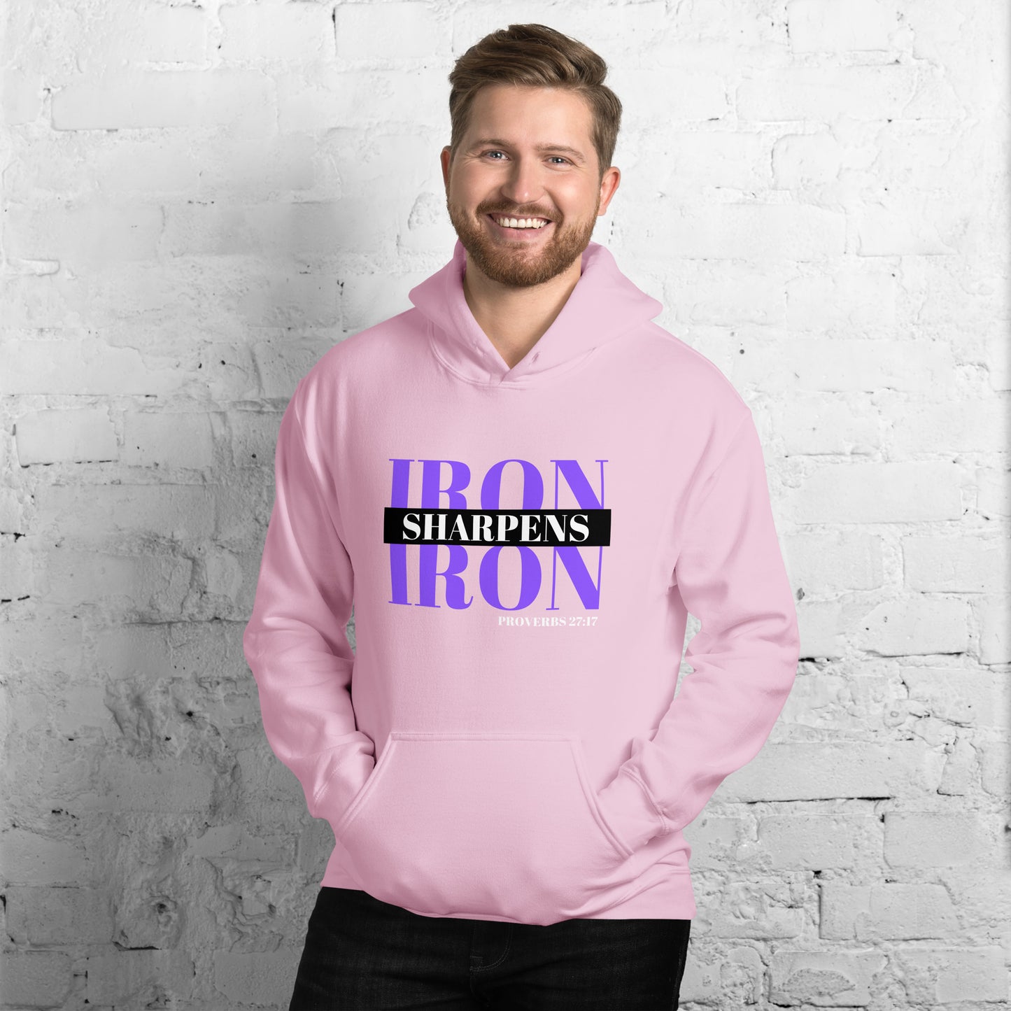 "Iron Sharpens Iron. Proverbs 27:17" Unisex Hoodie Purple Text Stack by Dumbbells and Hotels