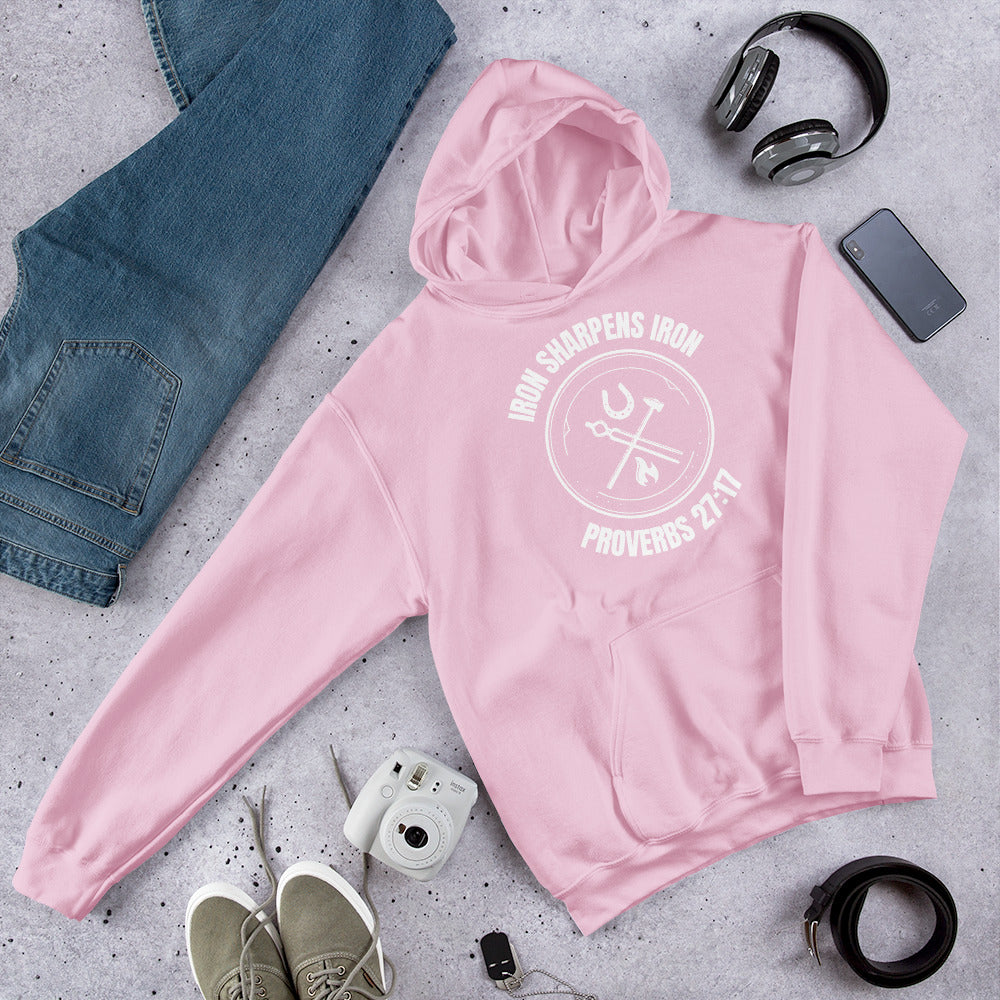 "Iron Sharpens Iron. Proverbs 27:17" Unisex Hoodie White Text Circle Logo by Dumbbells and Hotels