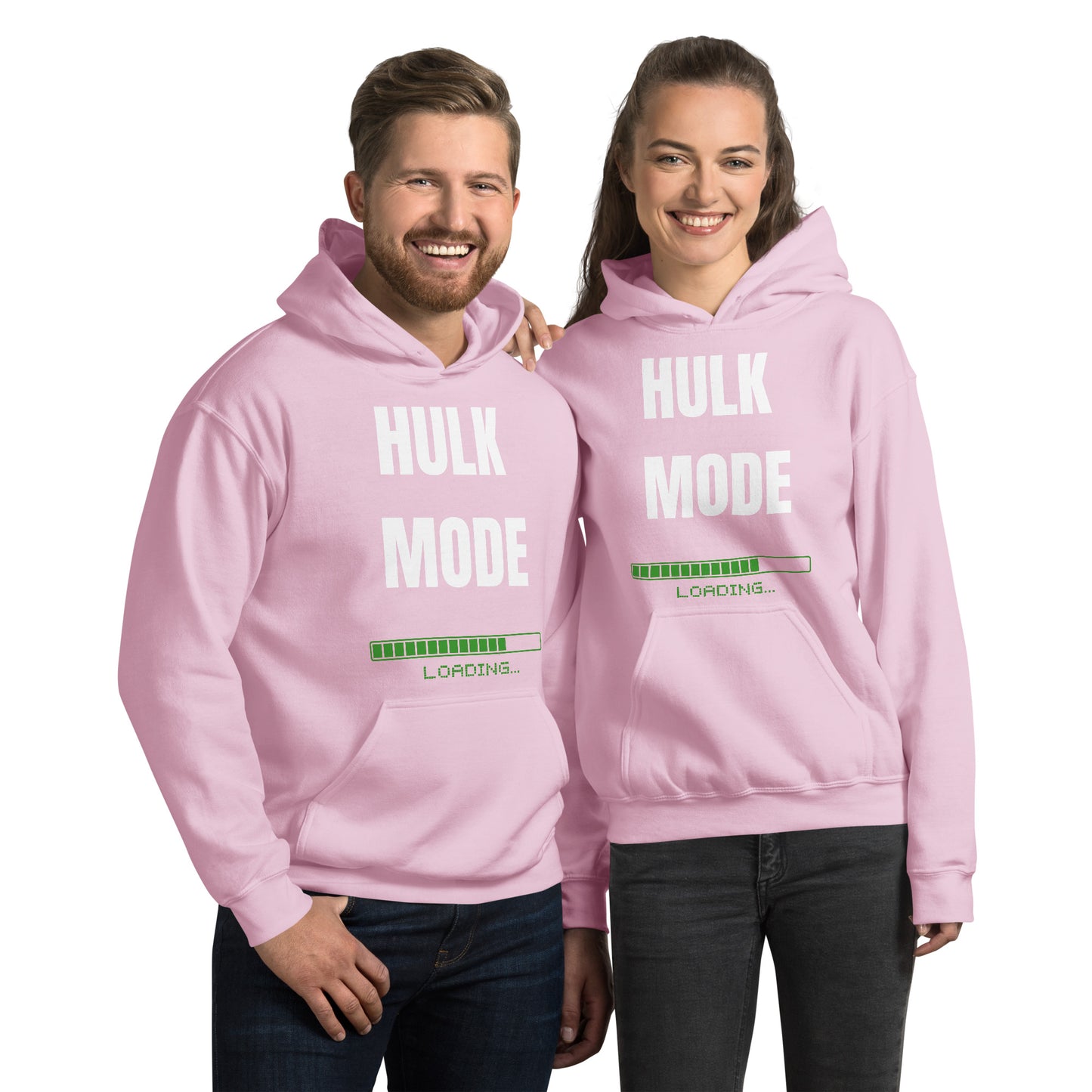 "Hulk Mode" Unisex Hoodie White Text Green Loading by Dumbbells and Hotels