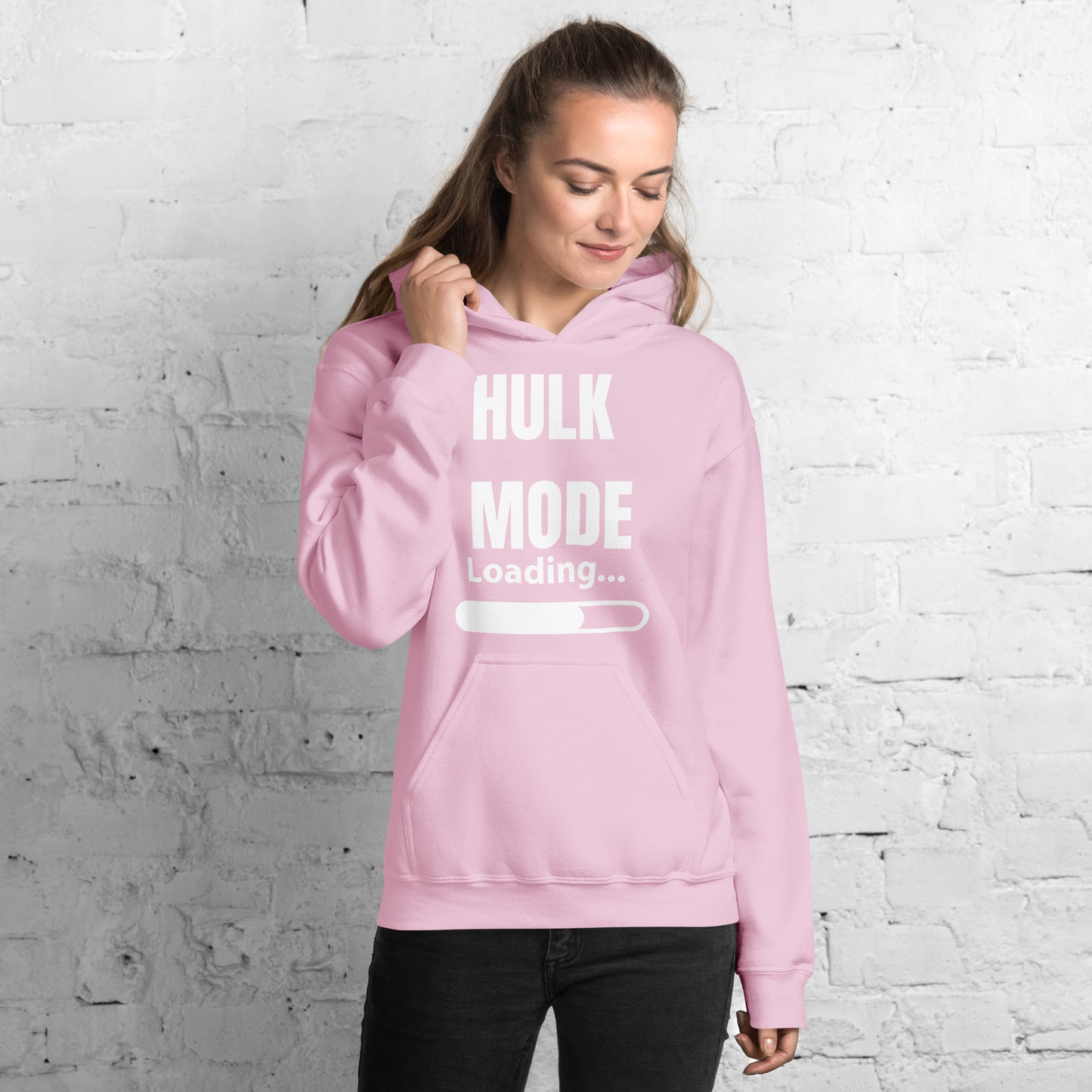 "Hulk Mode" Unisex Hoodie White Text White Loading by Dumbbells and Hotels