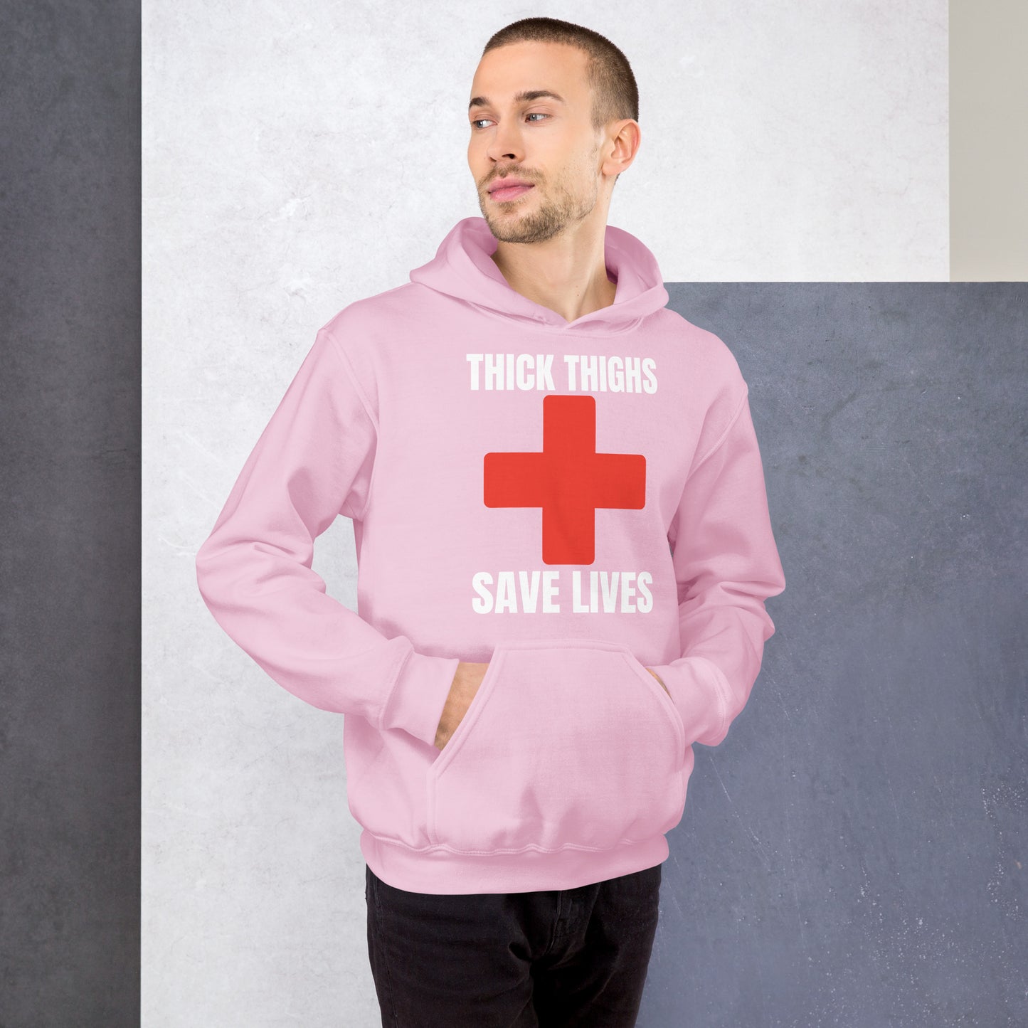 "Thick Thighs Save Lives" Unisex Hoodie White Text Red Cross by Dumbbells and Hotels