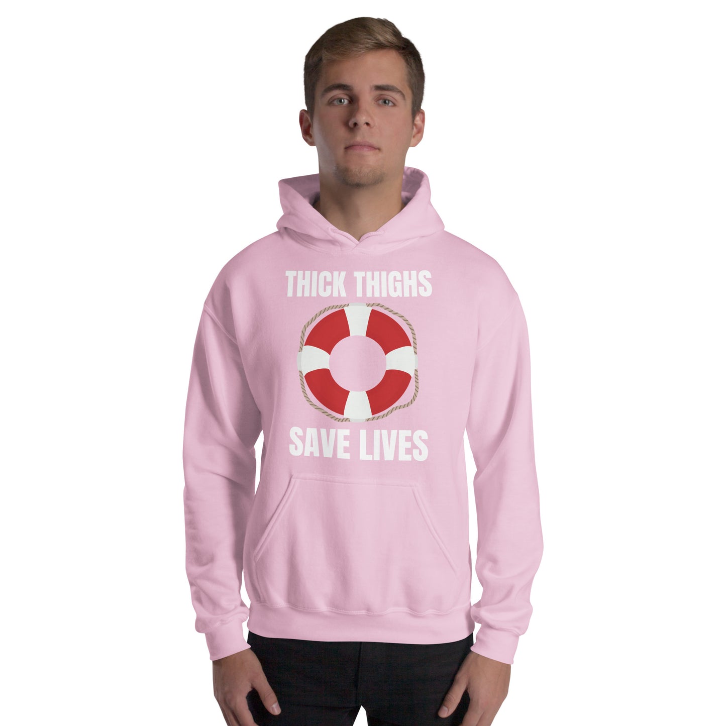 "Thick Thighs Save Lives" Unisex Hoodie White Text Live Preserver by Dumbbells and Hotels