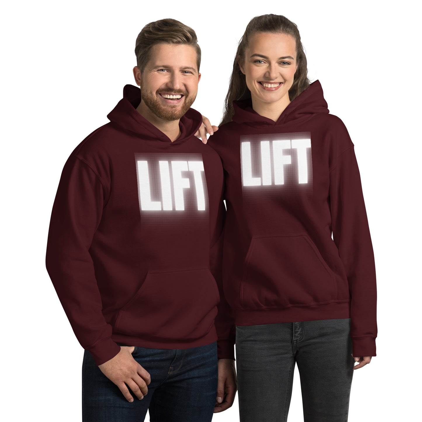 "Lift" Unisex Hoodie White Text Glow by Dumbbells and Hotels