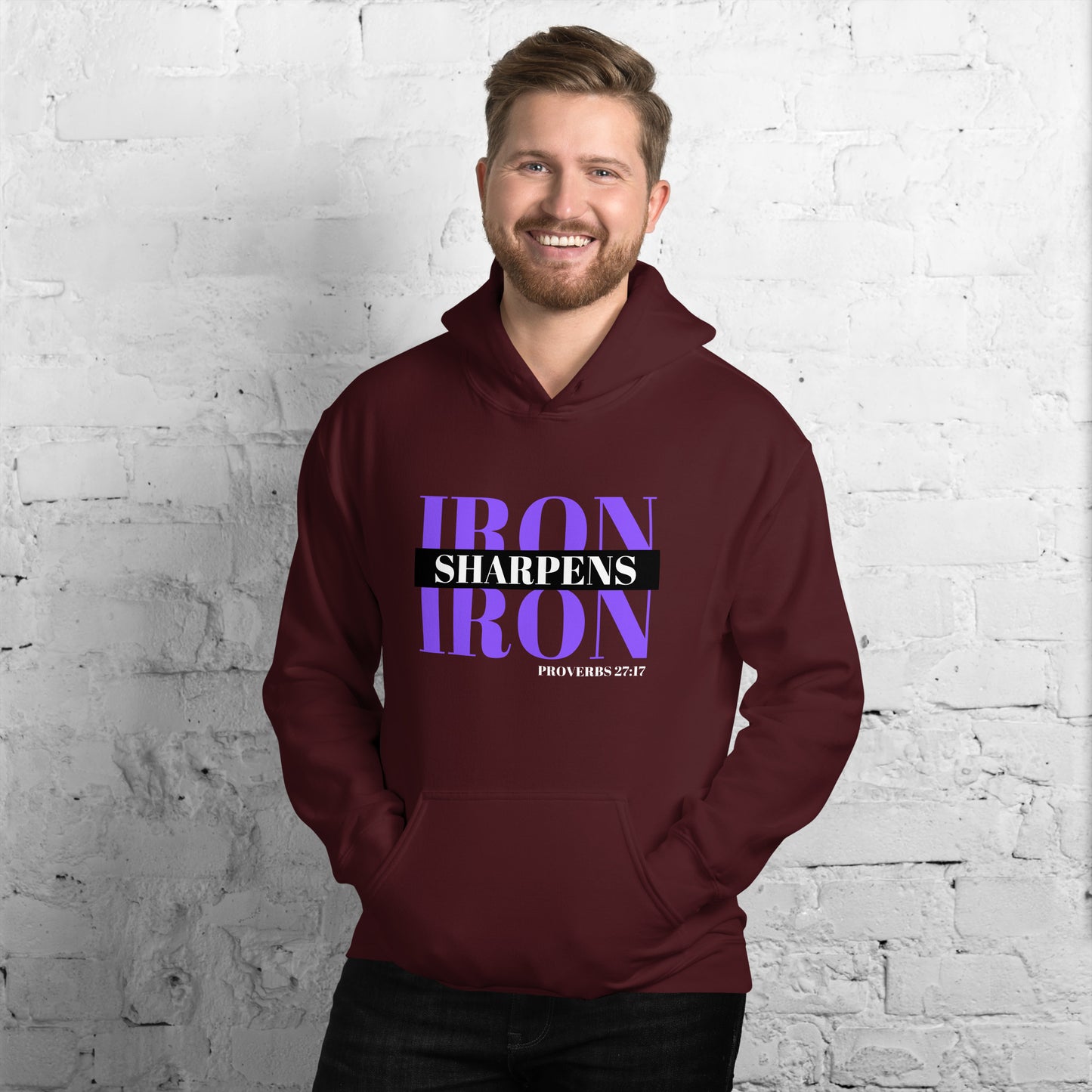 "Iron Sharpens Iron. Proverbs 27:17" Unisex Hoodie Purple Text Stack by Dumbbells and Hotels