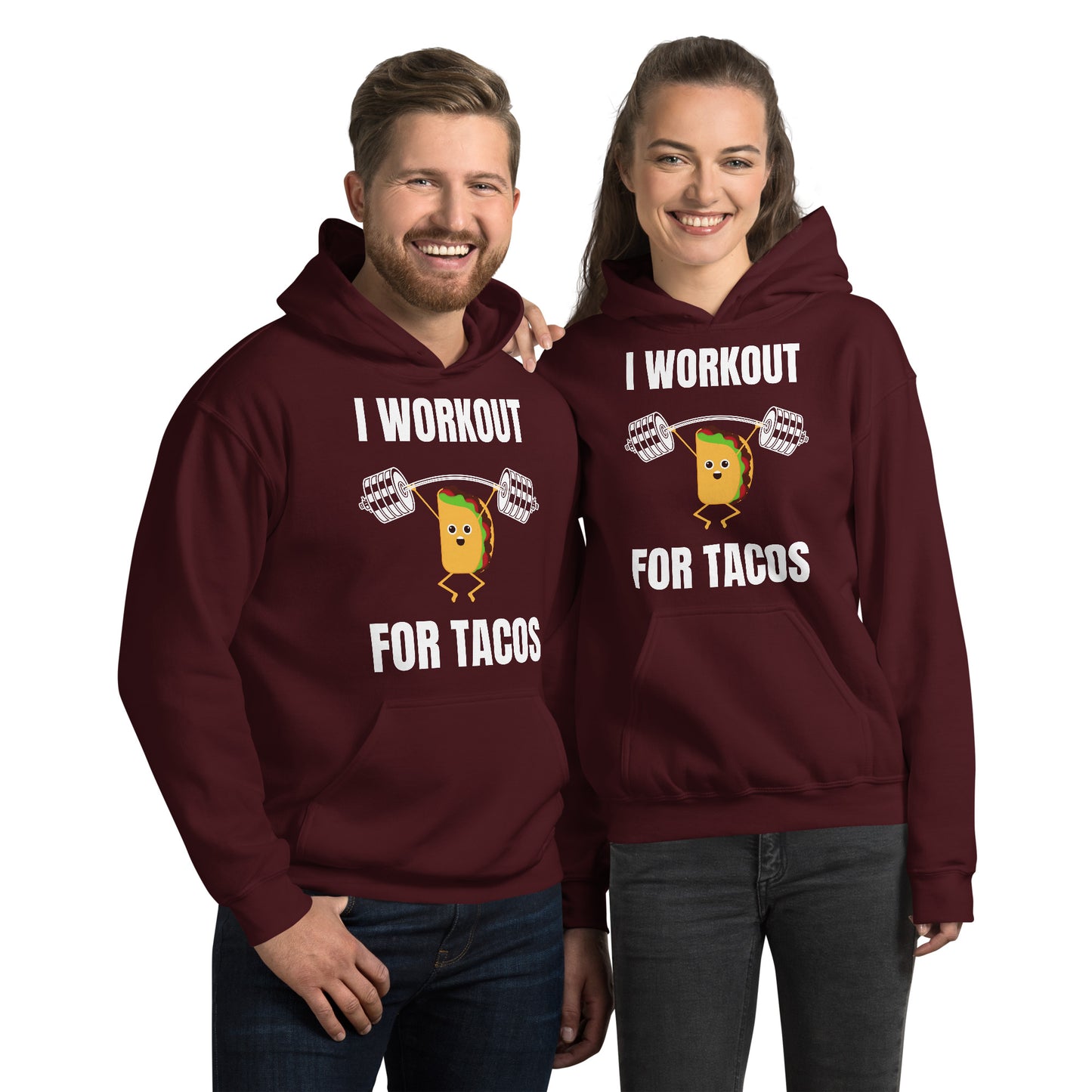 "I Workout for Tacos" Unisex Hoodie White Text Lifting Taco by Dumbbells and Hotels