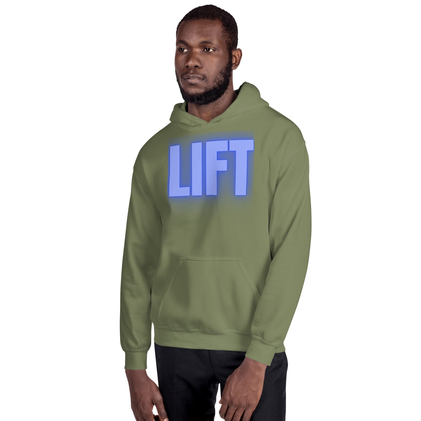 "Lift" Unisex Hoodie Blue Text Glow by Dumbbells and Hotels