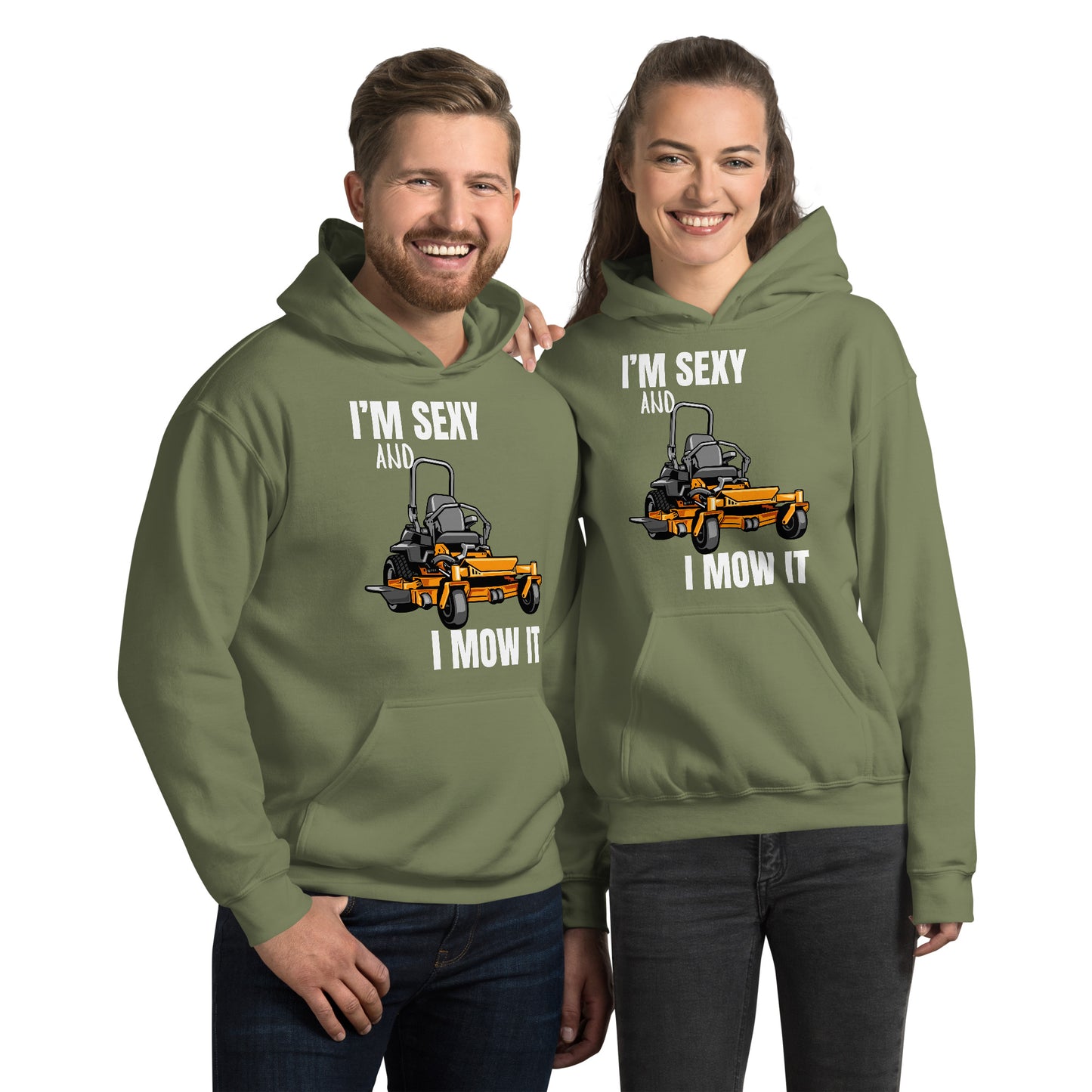 "I'm Sexy and I Mow it" Unisex Hoodie White Text Cartoon Mower by Dumbbells and Hotels