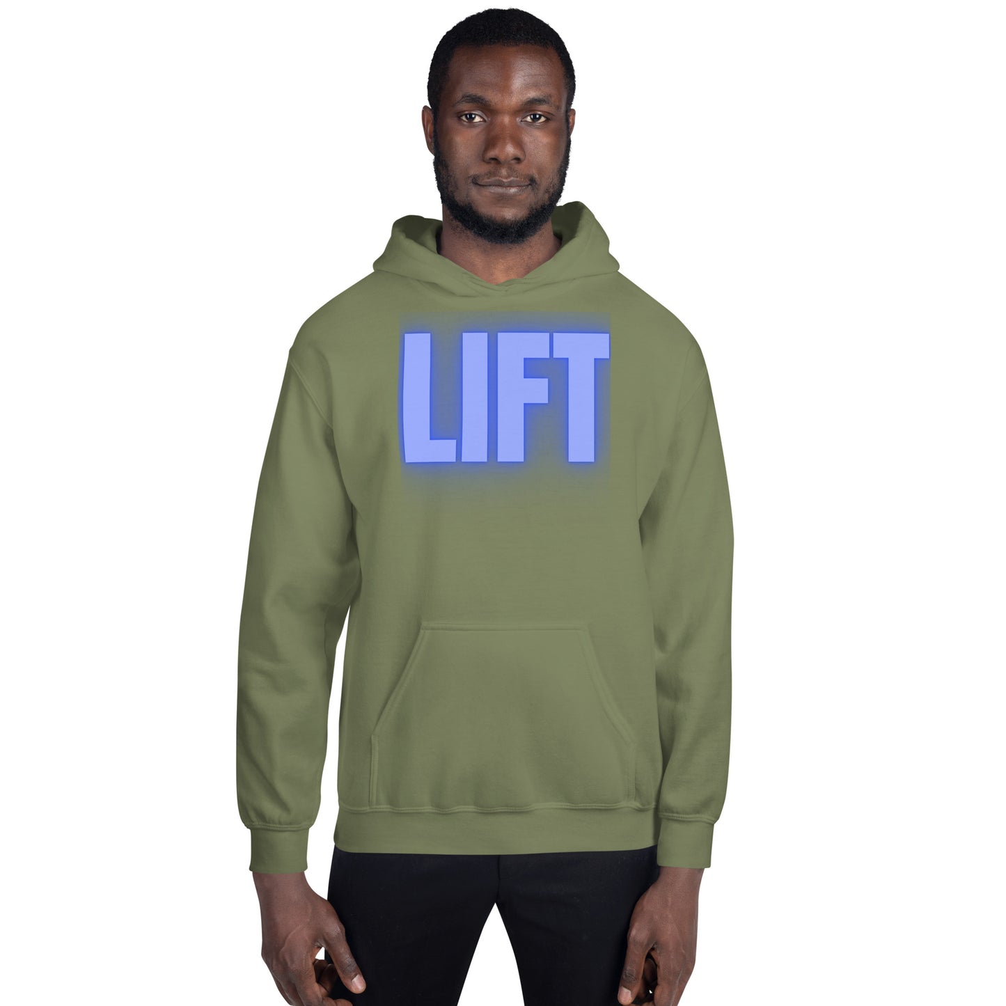 "Lift" Unisex Hoodie Blue Text Glow by Dumbbells and Hotels