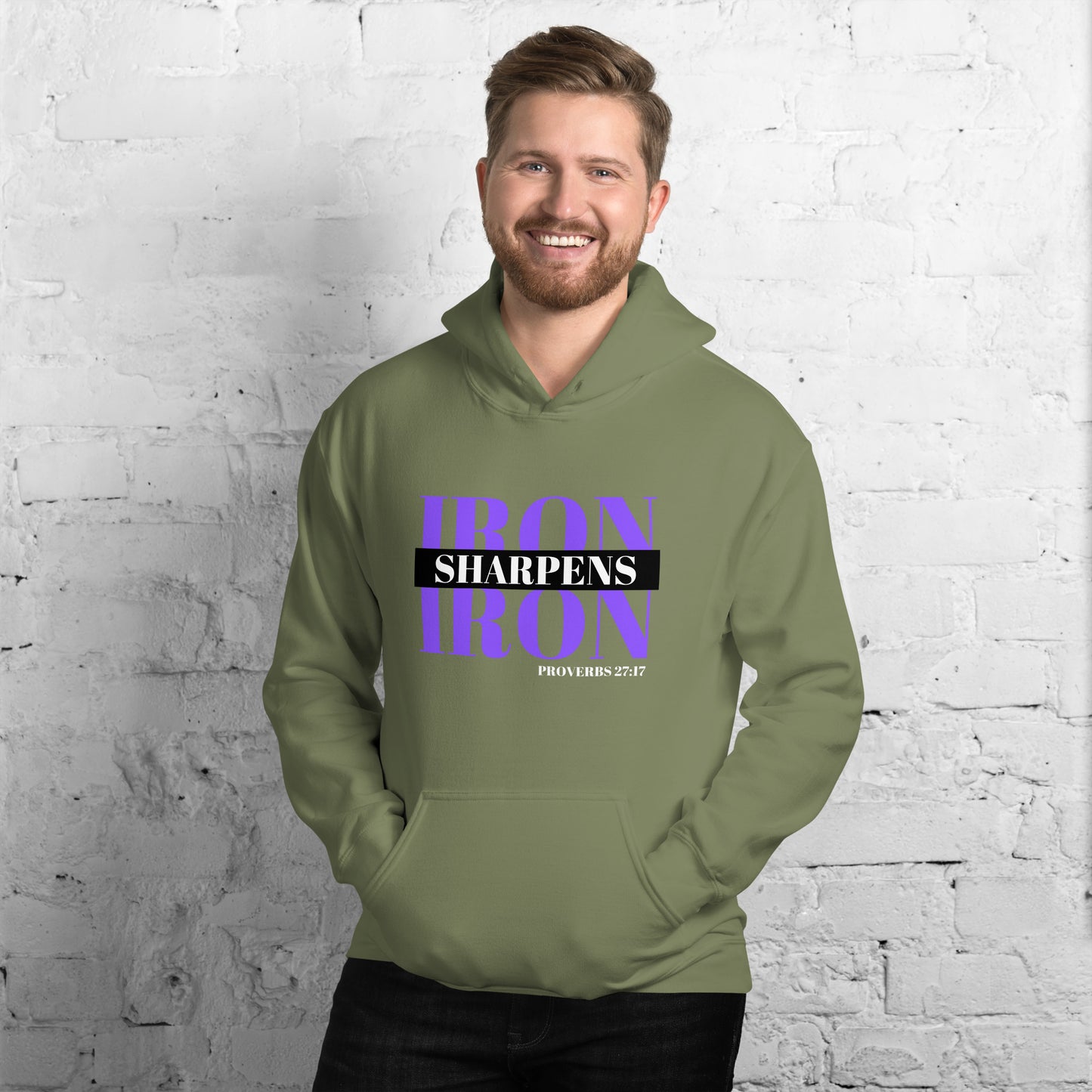 "Iron Sharpens Iron. Proverbs 27:17" Unisex Hoodie Purple Text Stack by Dumbbells and Hotels