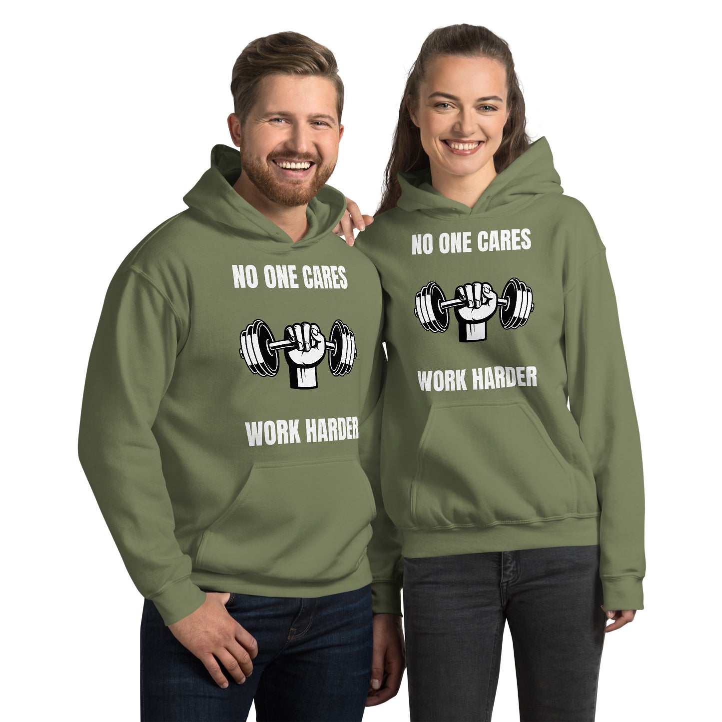 "No One Cares. Work Harder" Unisex Hoodie White Text Hand & Dumbbell by Dumbbells and Hotels