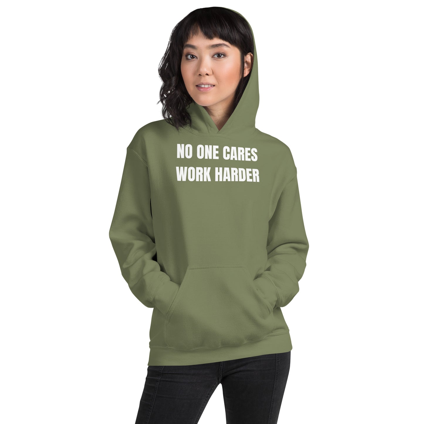 "No One Cares. Work Harder" Unisex Hoodie White Text Impact by Dumbbells and Hotels