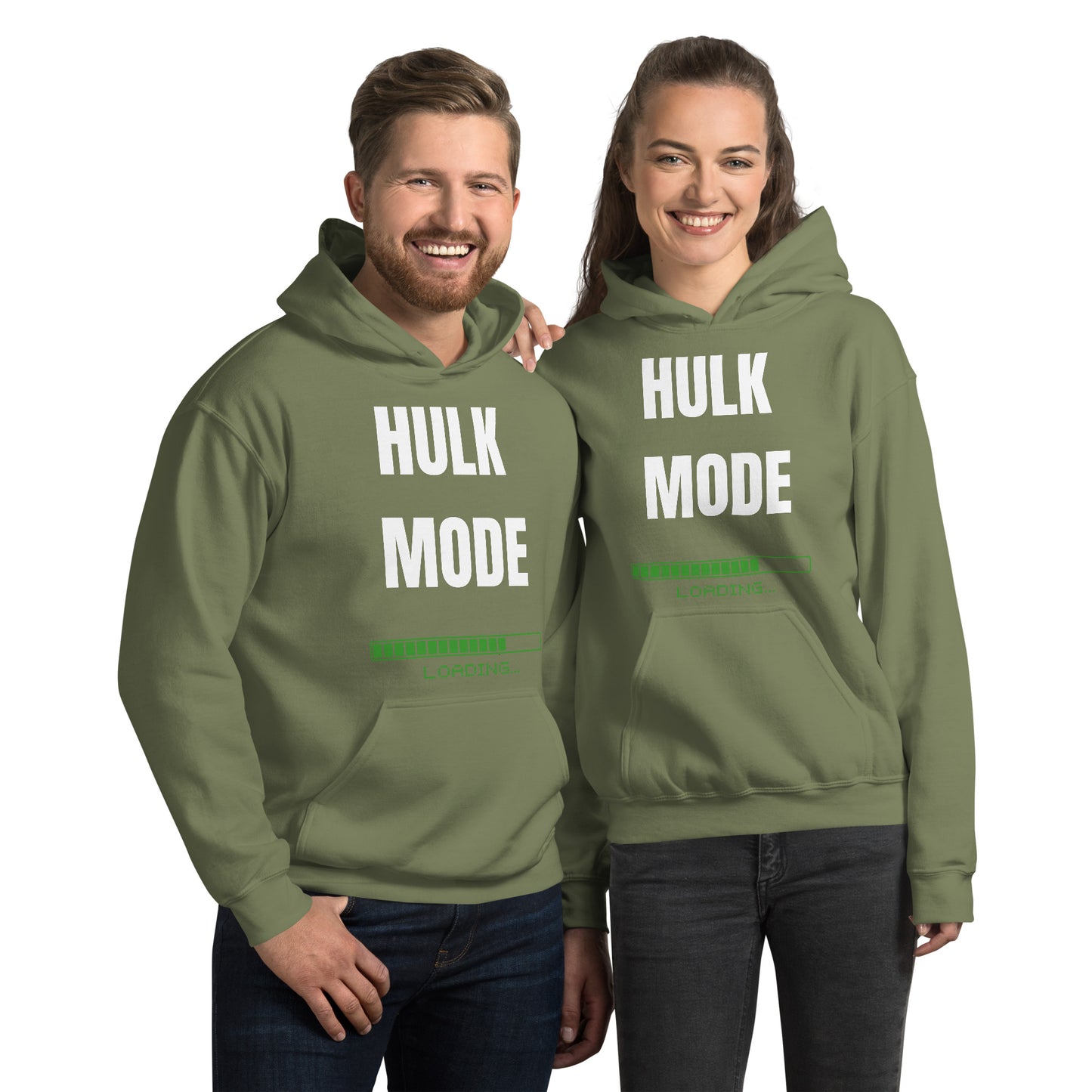 "Hulk Mode" Unisex Hoodie White Text Green Loading by Dumbbells and Hotels