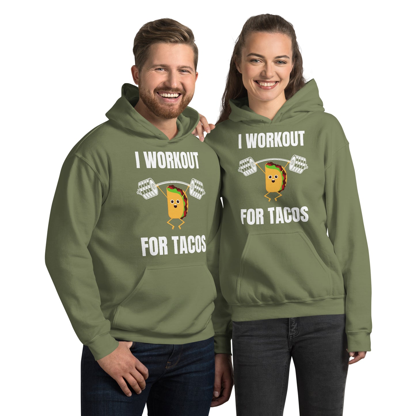 "I Workout for Tacos" Unisex Hoodie White Text Lifting Taco by Dumbbells and Hotels