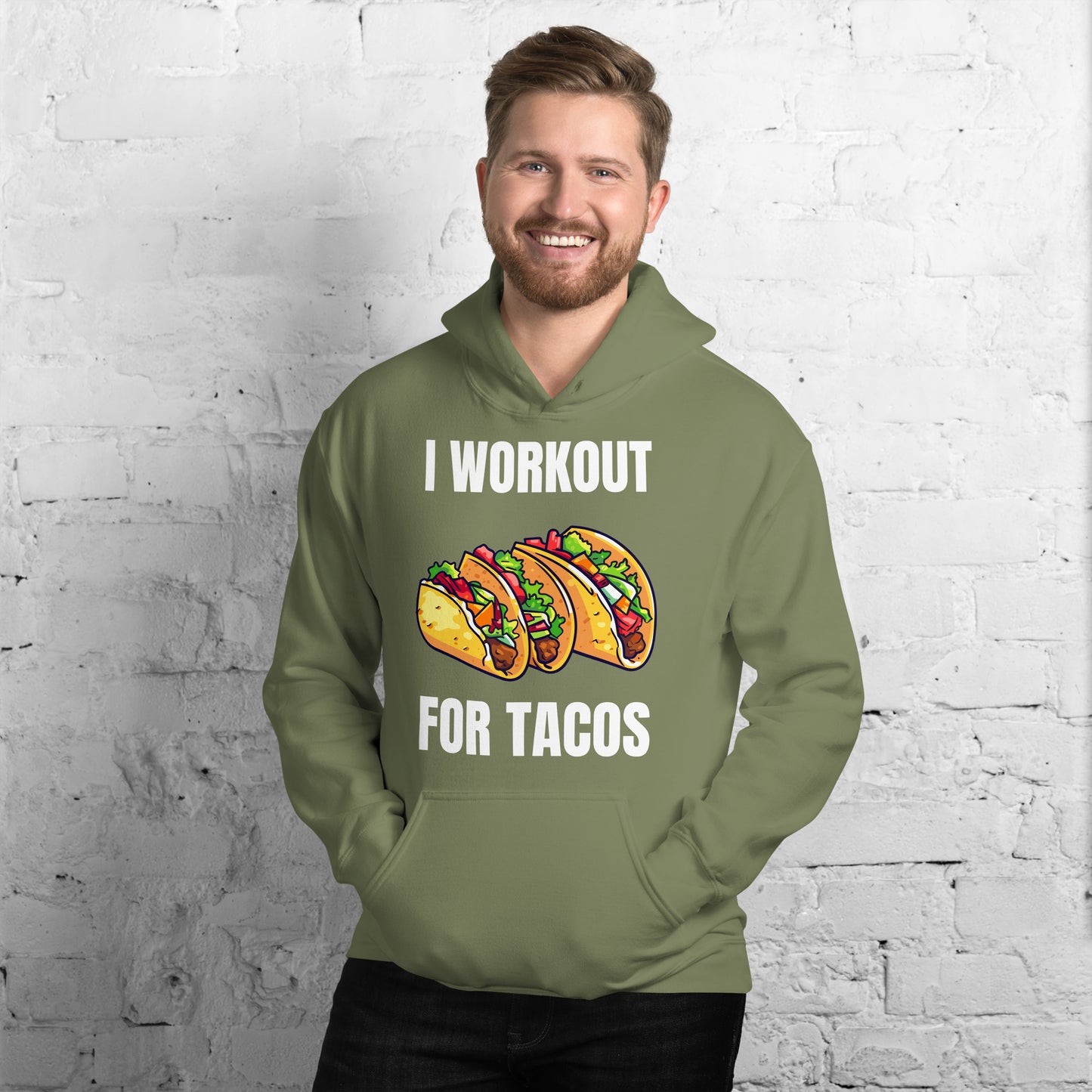 "I Workout for Tacos" Unisex Hoodie White Text Three Tacos by Dumbbells and Hotels