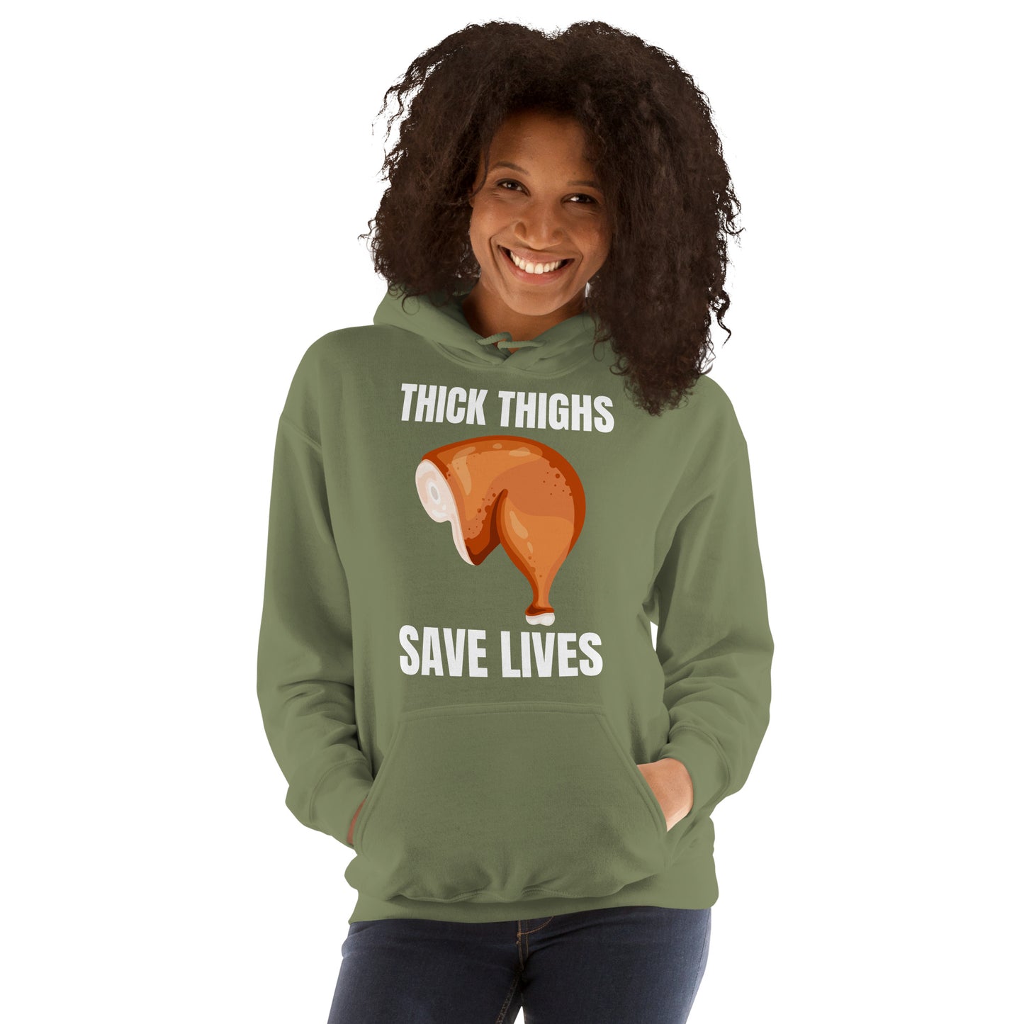 "Thick Thighs Save Lives" Unisex Hoodie White Text Chicken Thigh by Dumbbells and Hotels