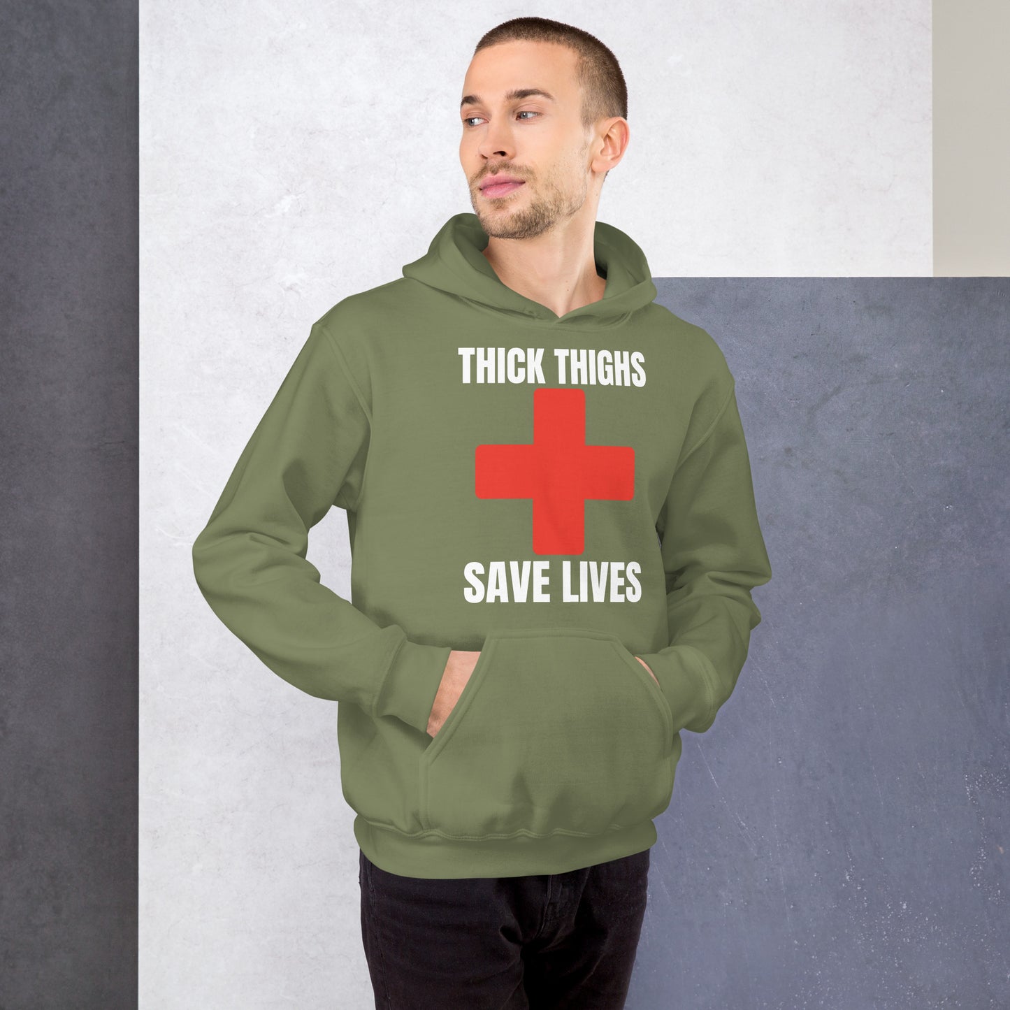 "Thick Thighs Save Lives" Unisex Hoodie White Text Red Cross by Dumbbells and Hotels