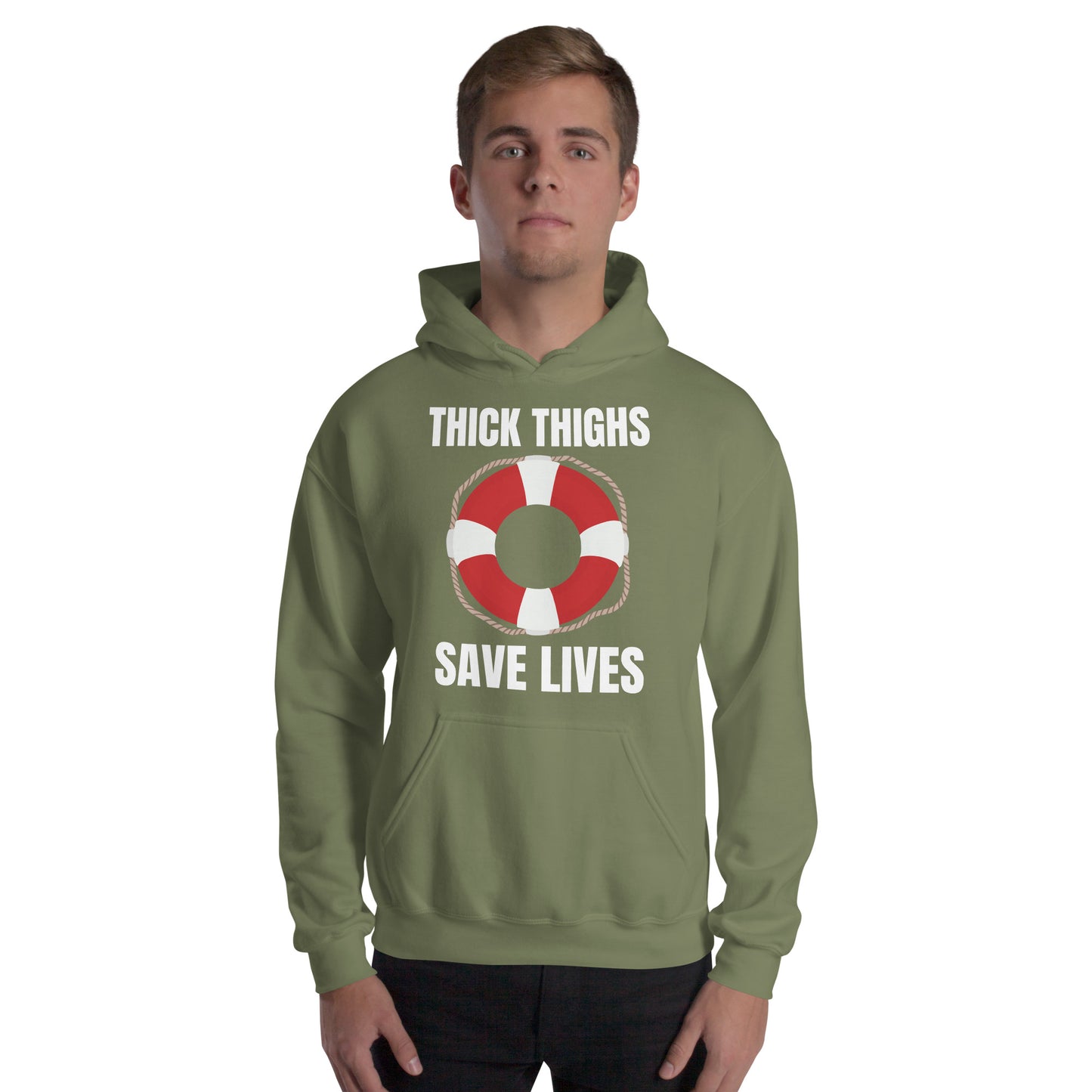 "Thick Thighs Save Lives" Unisex Hoodie White Text Live Preserver by Dumbbells and Hotels