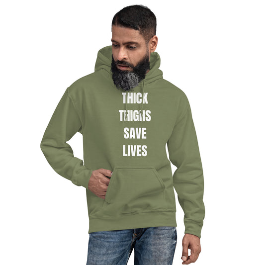 "Thick Thighs Save Lives" Unisex Hoodie White Text by Dumbbells and Hotels