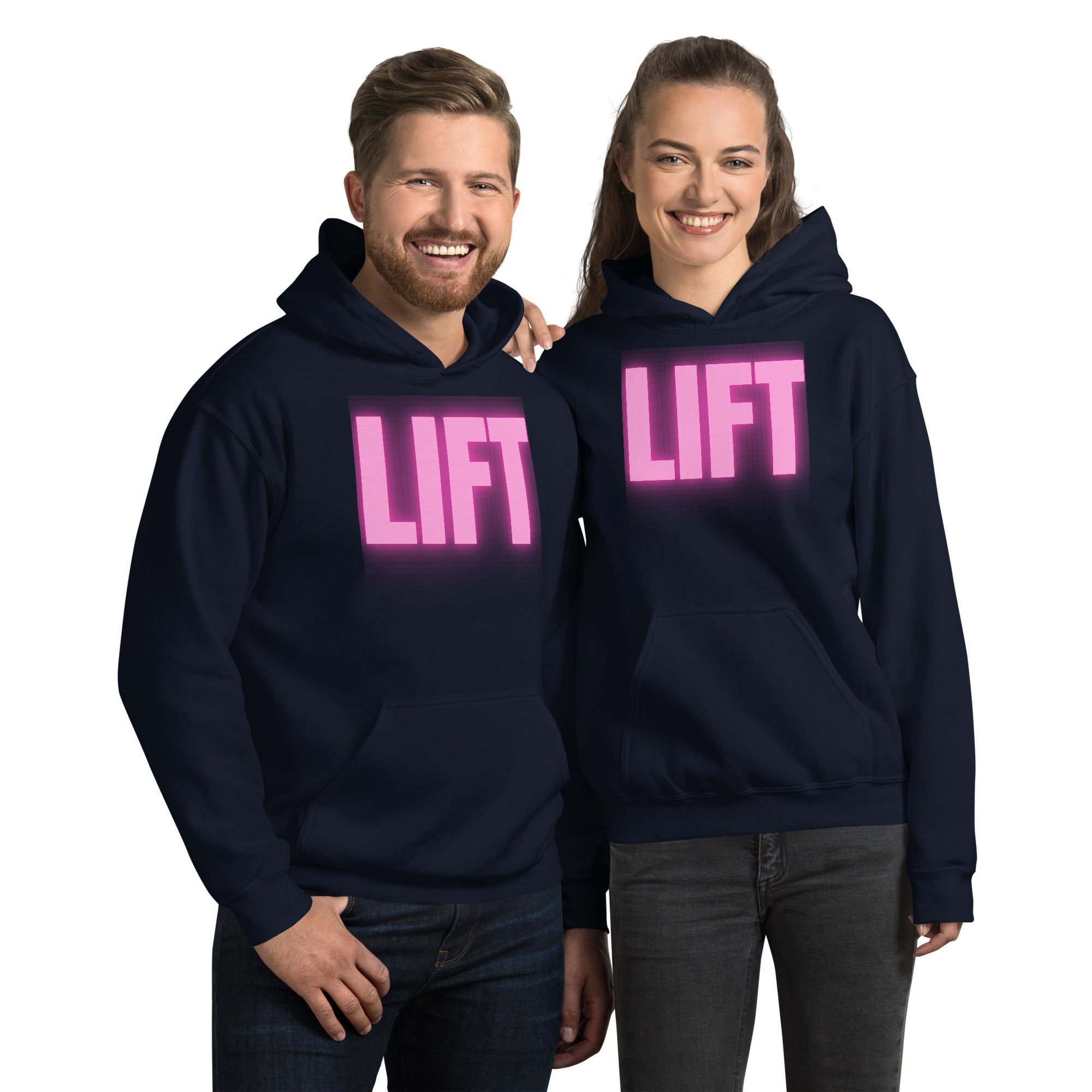 "Lift" Unisex Hoodie Pink Text Glow by Dumbbells and Hotels