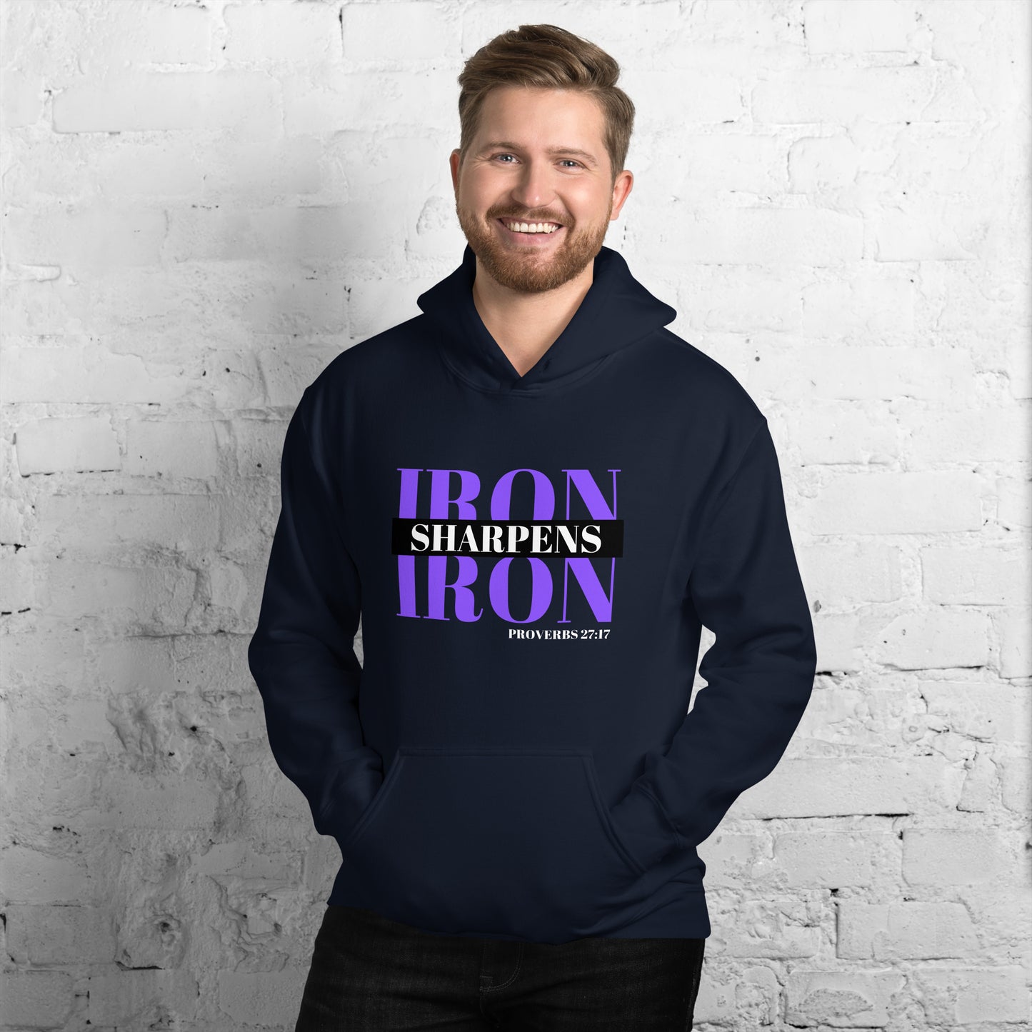 "Iron Sharpens Iron. Proverbs 27:17" Unisex Hoodie Purple Text Stack by Dumbbells and Hotels