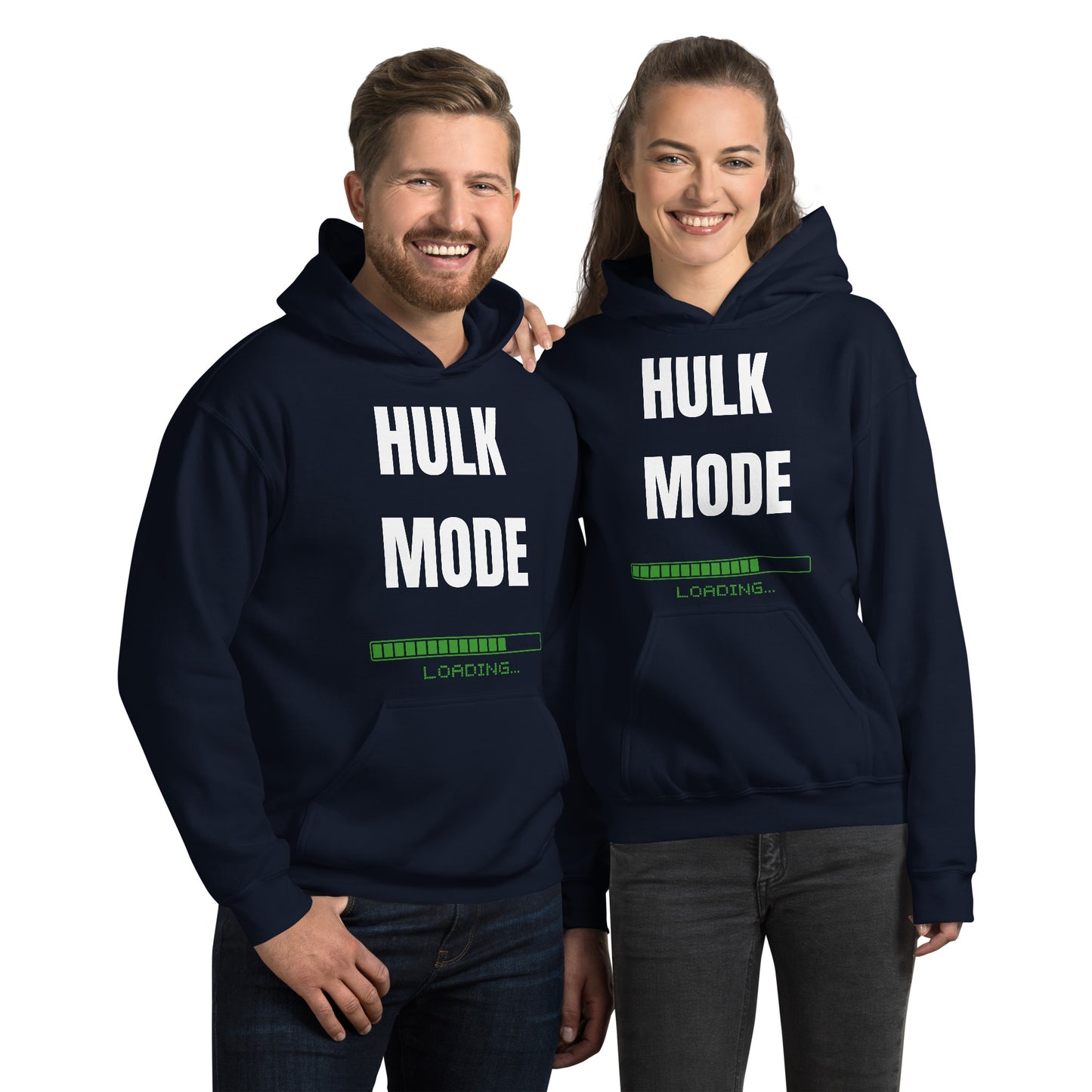 "Hulk Mode" Unisex Hoodie White Text Green Loading by Dumbbells and Hotels