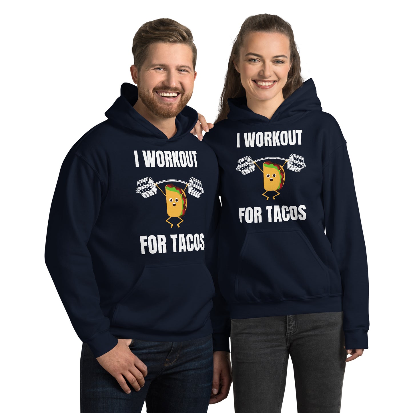 "I Workout for Tacos" Unisex Hoodie White Text Lifting Taco by Dumbbells and Hotels