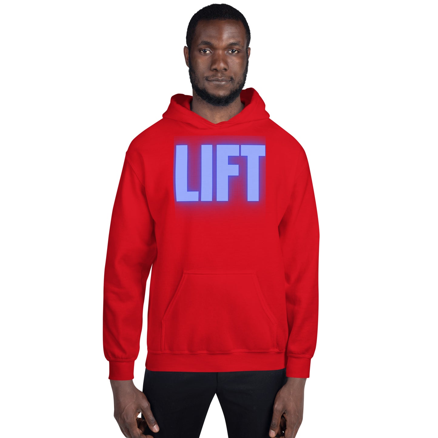 "Lift" Unisex Hoodie Blue Text Glow by Dumbbells and Hotels