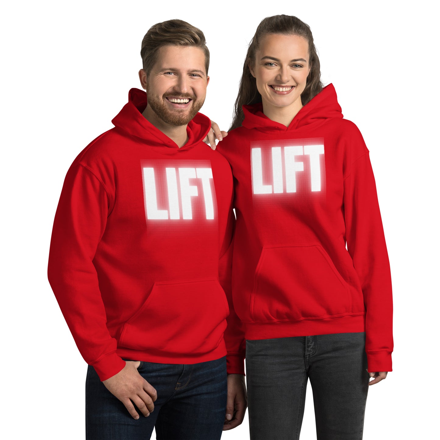 "Lift" Unisex Hoodie White Text Glow by Dumbbells and Hotels