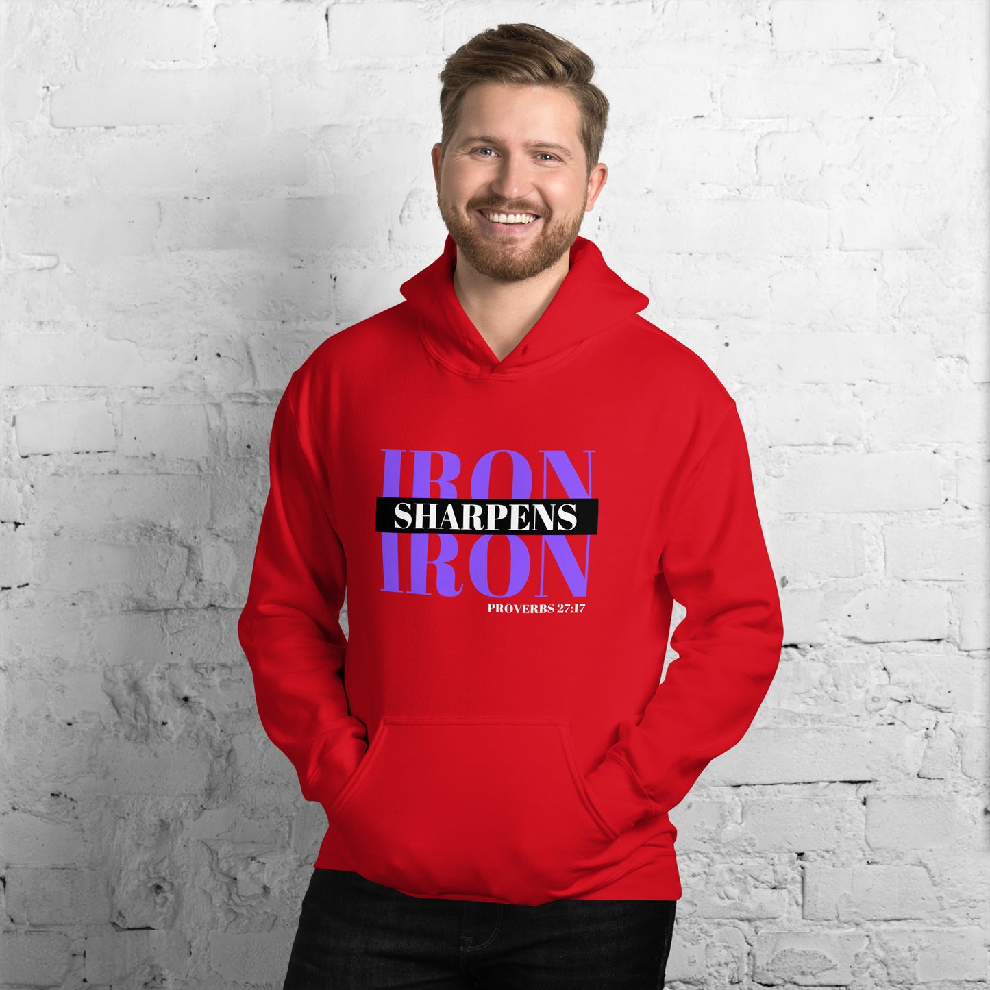 "Iron Sharpens Iron. Proverbs 27:17" Unisex Hoodie Purple Text Stack by Dumbbells and Hotels