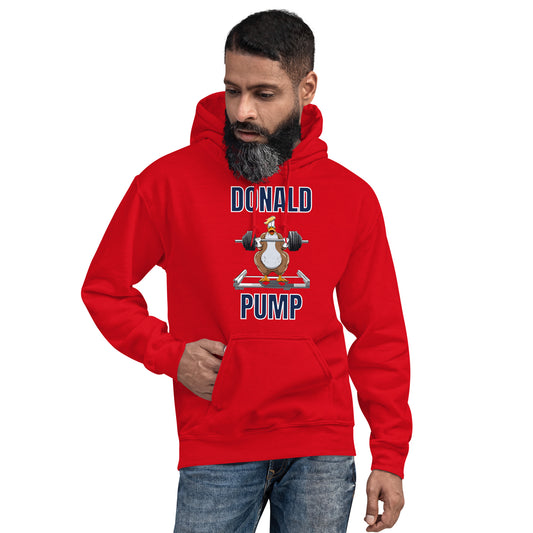 "Donald Pump" Unisex Hoodie Blue Text Lifting Duck by Dumbbells and Hotels