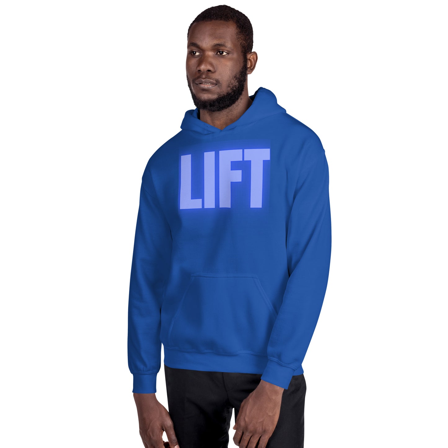 "Lift" Unisex Hoodie Blue Text Glow by Dumbbells and Hotels