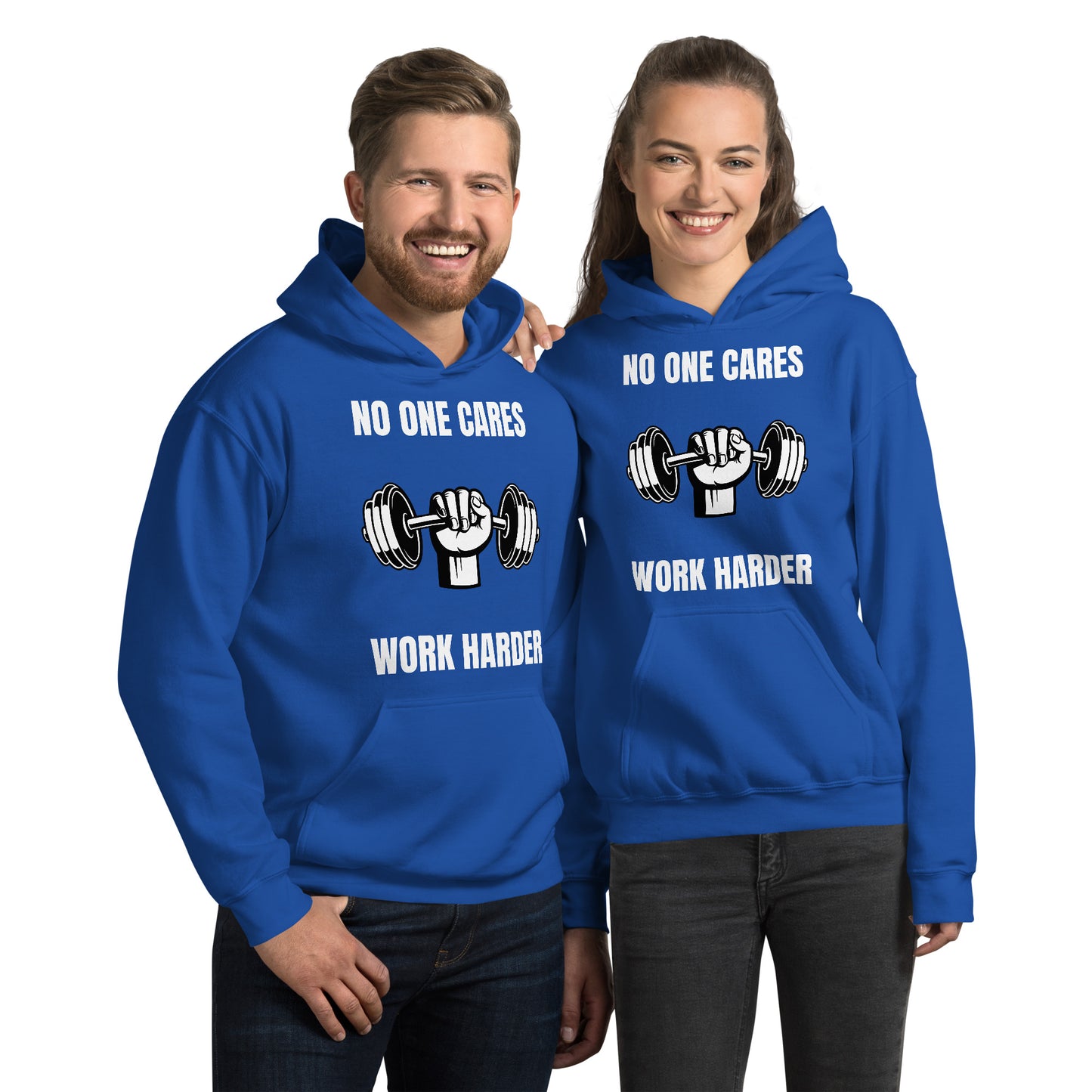 "No One Cares. Work Harder" Unisex Hoodie White Text Hand & Dumbbell by Dumbbells and Hotels