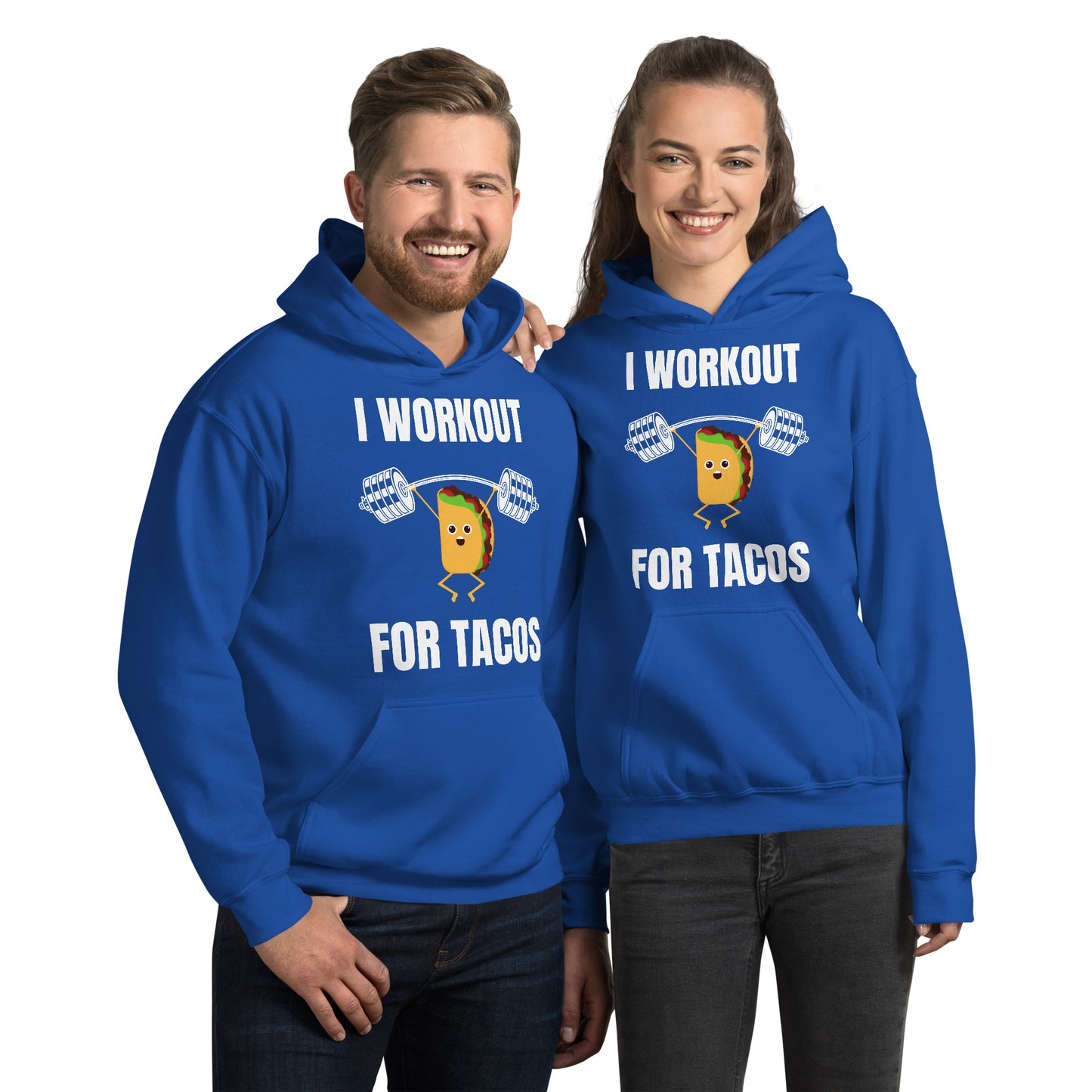 "I Workout for Tacos" Unisex Hoodie White Text Lifting Taco by Dumbbells and Hotels