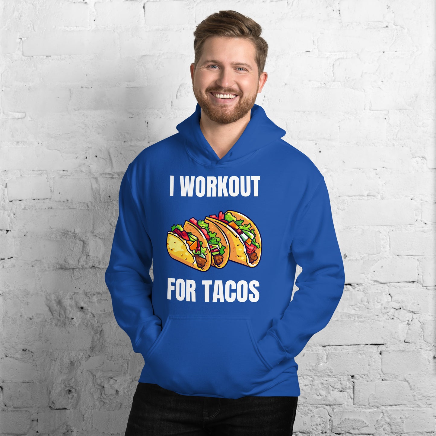 "I Workout for Tacos" Unisex Hoodie White Text Three Tacos by Dumbbells and Hotels