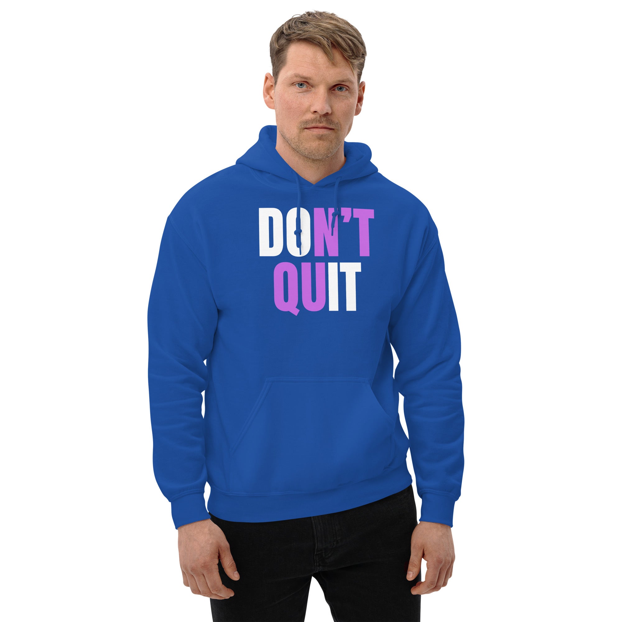 "Don't Quit" Unisex Hoodie White & Purple Text by Dumbbells and Hotels