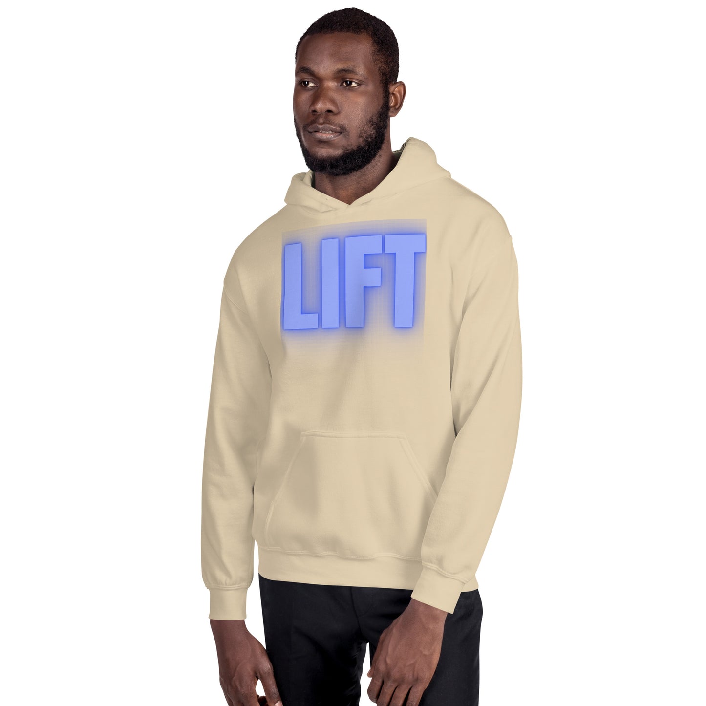 "Lift" Unisex Hoodie Blue Text Glow by Dumbbells and Hotels