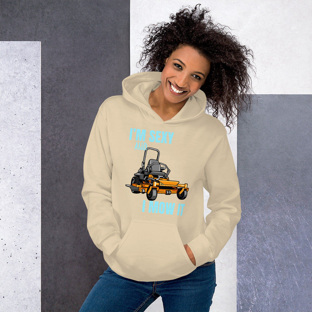 "I'm Sexy and I Mow it" Unisex Hoodie Turquoise Text Cartoon Mower by Dumbbells and Hotels