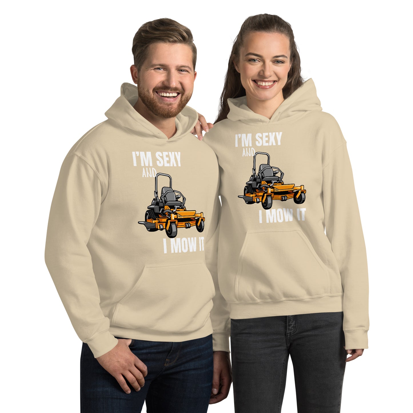 "I'm Sexy and I Mow it" Unisex Hoodie White Text Cartoon Mower by Dumbbells and Hotels