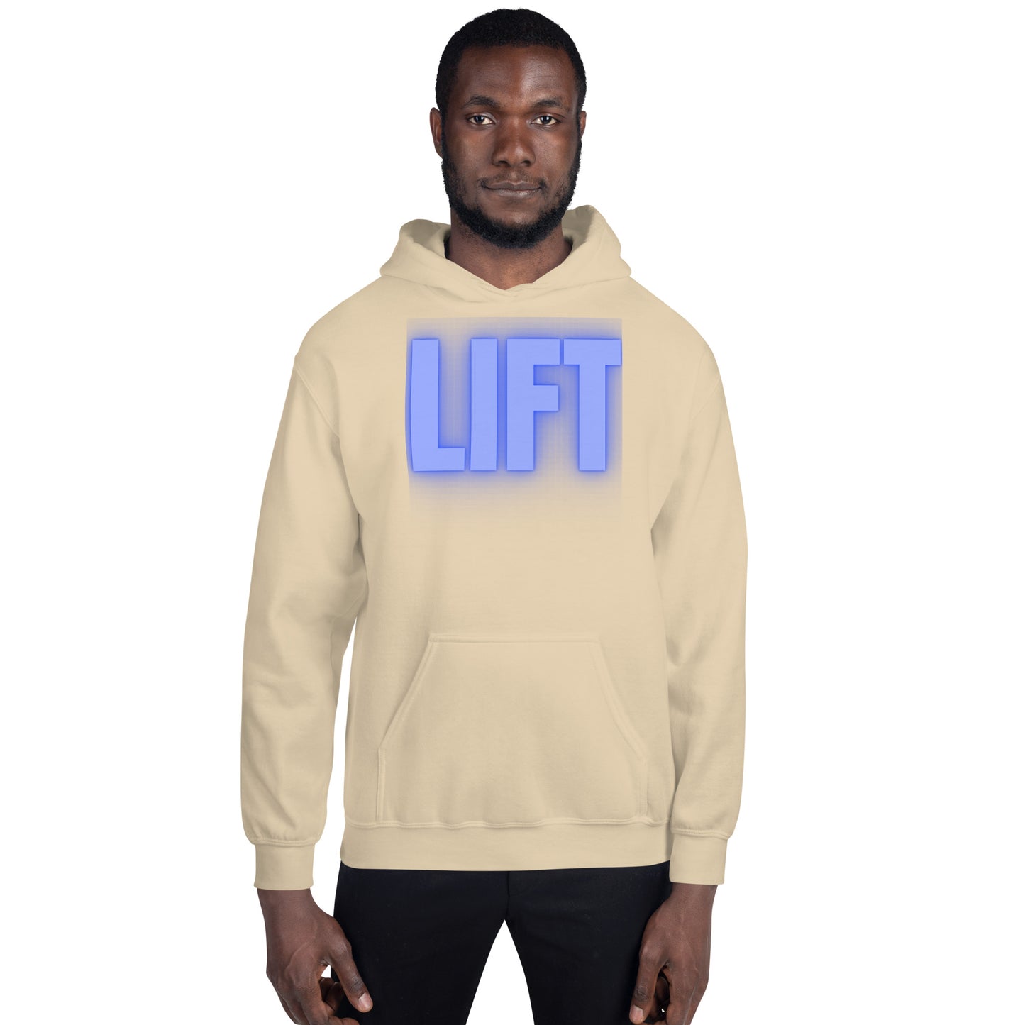 "Lift" Unisex Hoodie Blue Text Glow by Dumbbells and Hotels