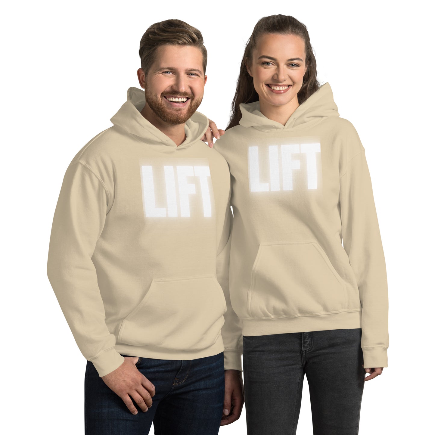 "Lift" Unisex Hoodie White Text Glow by Dumbbells and Hotels