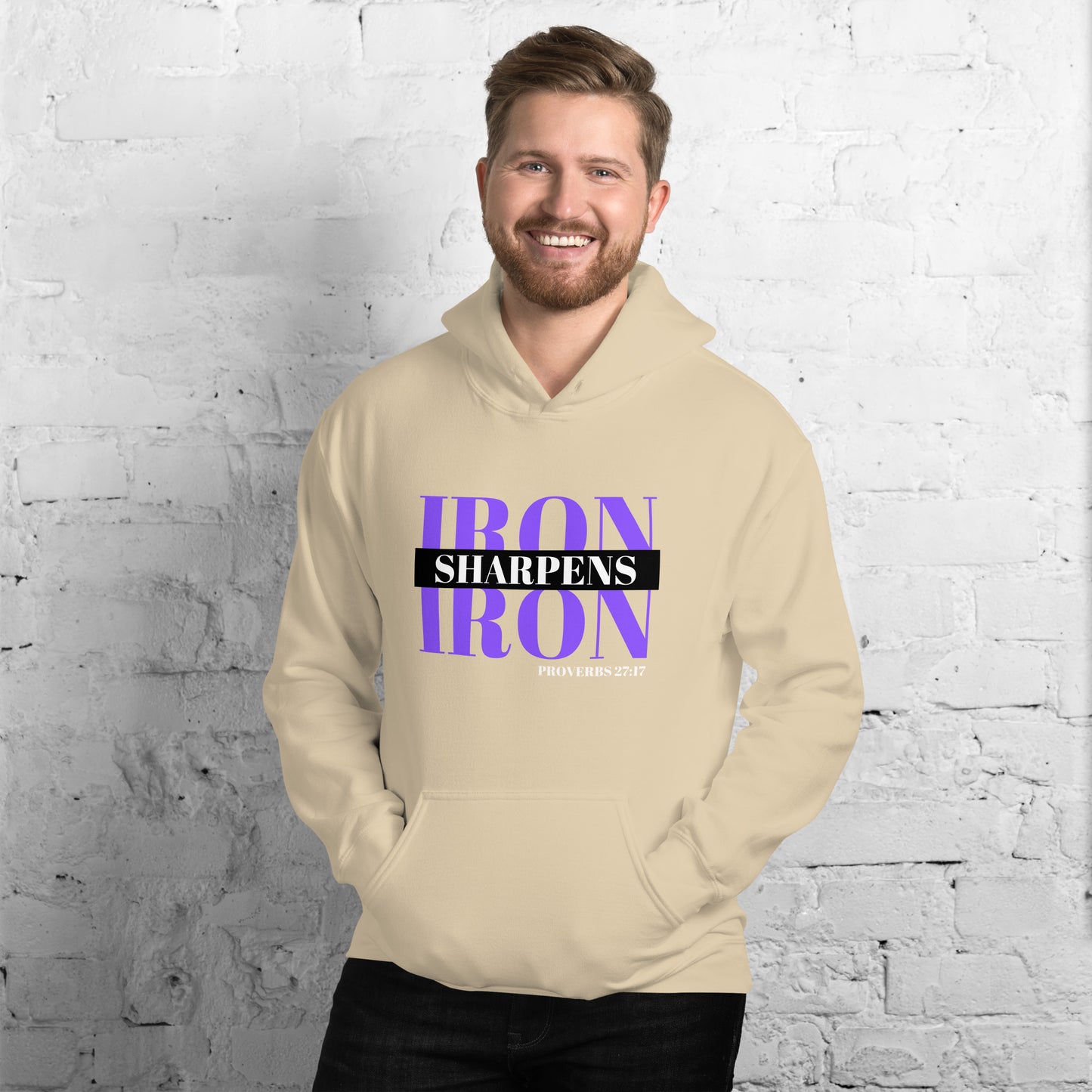 "Iron Sharpens Iron. Proverbs 27:17" Unisex Hoodie Purple Text Stack by Dumbbells and Hotels