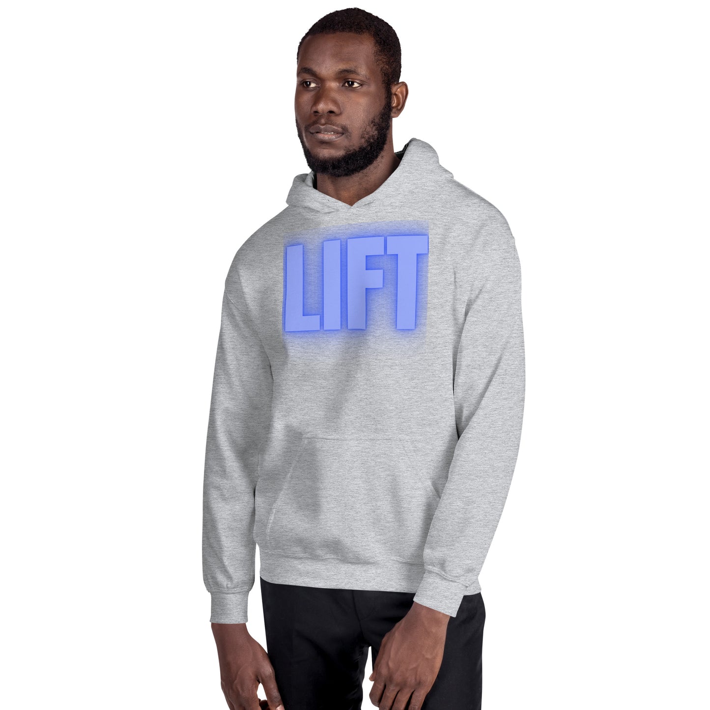 "Lift" Unisex Hoodie Blue Text Glow by Dumbbells and Hotels