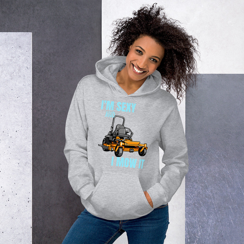 "I'm Sexy and I Mow it" Unisex Hoodie Turquoise Text Cartoon Mower by Dumbbells and Hotels