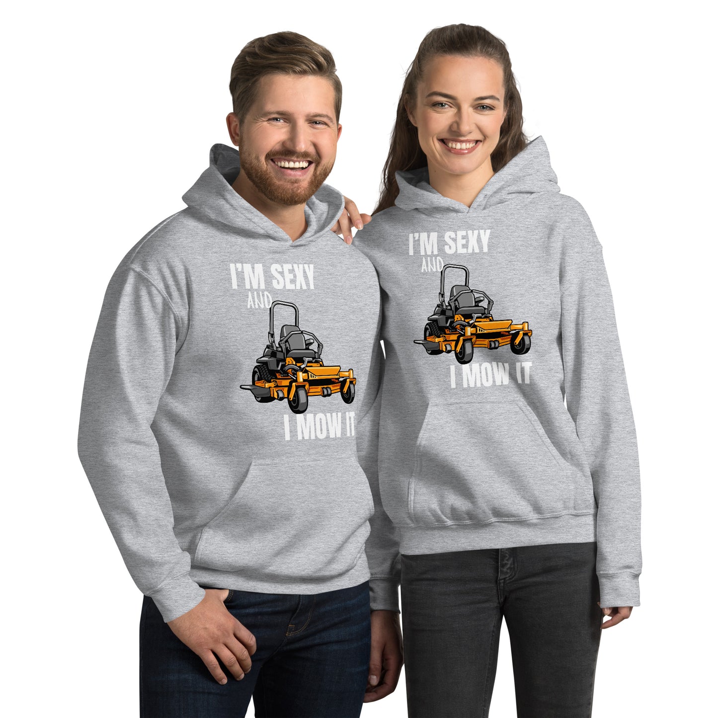 "I'm Sexy and I Mow it" Unisex Hoodie White Text Cartoon Mower by Dumbbells and Hotels