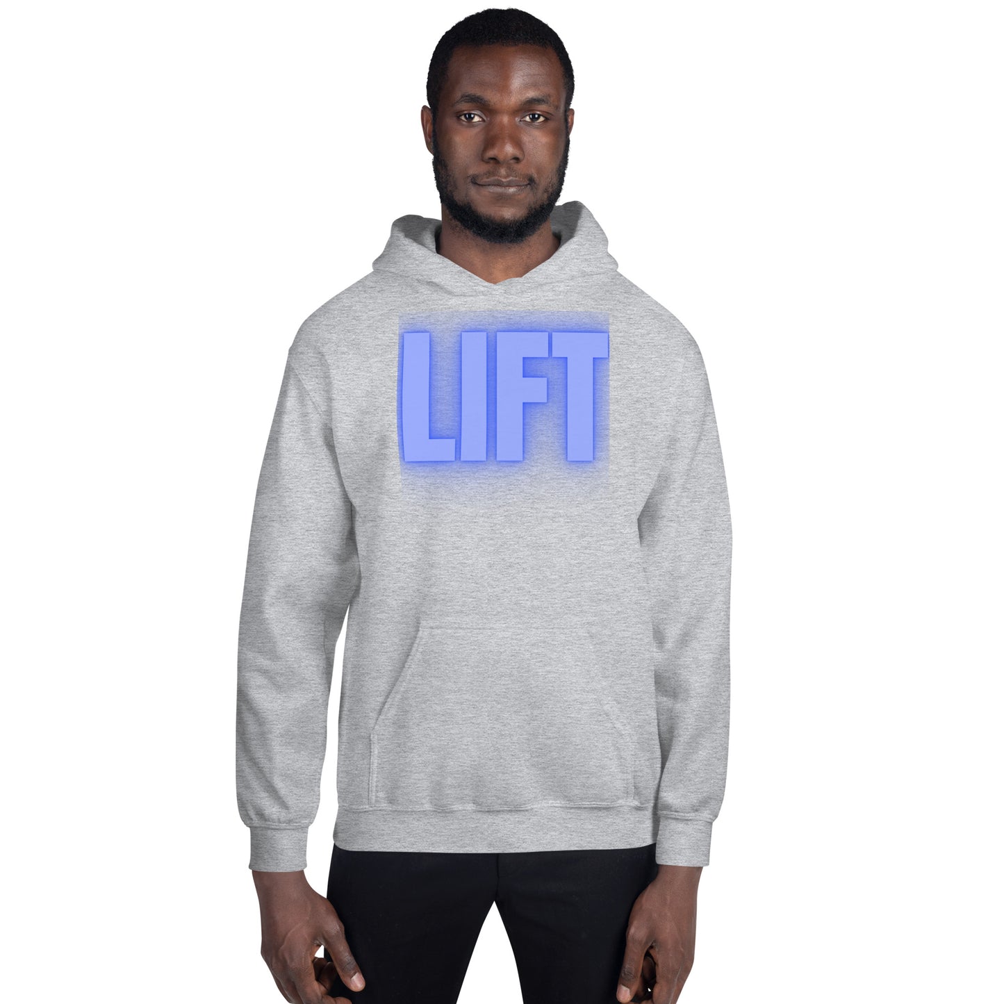 "Lift" Unisex Hoodie Blue Text Glow by Dumbbells and Hotels